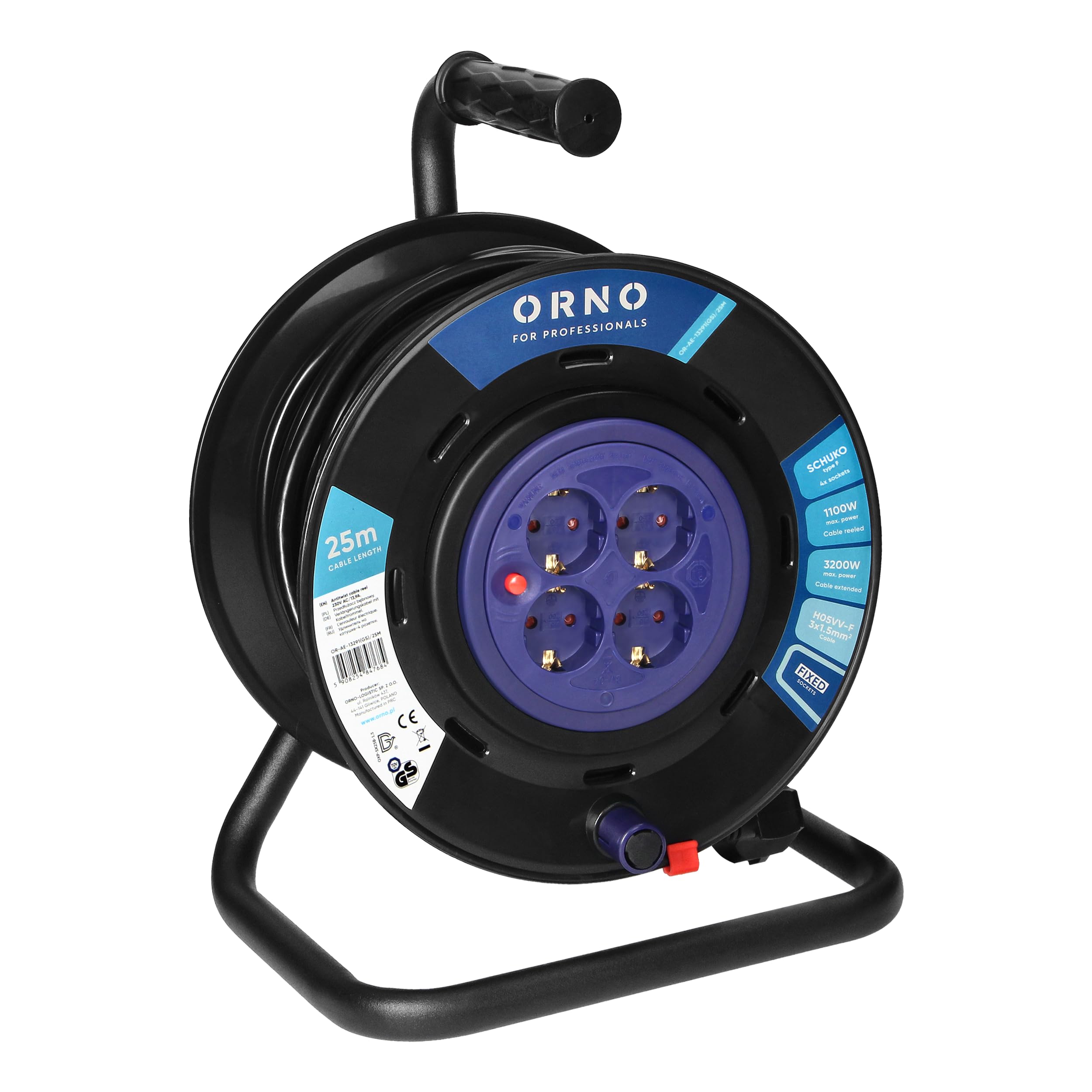 Tambor Alargador Enchufe | Enrollador de Cable con 4 Tomas Schuko 2P+T | Cable PVC H05VV-F 3G1,5mm² | Disyuntor Térmico y Cortacircuitos | IP20 Interior (25 metros)
