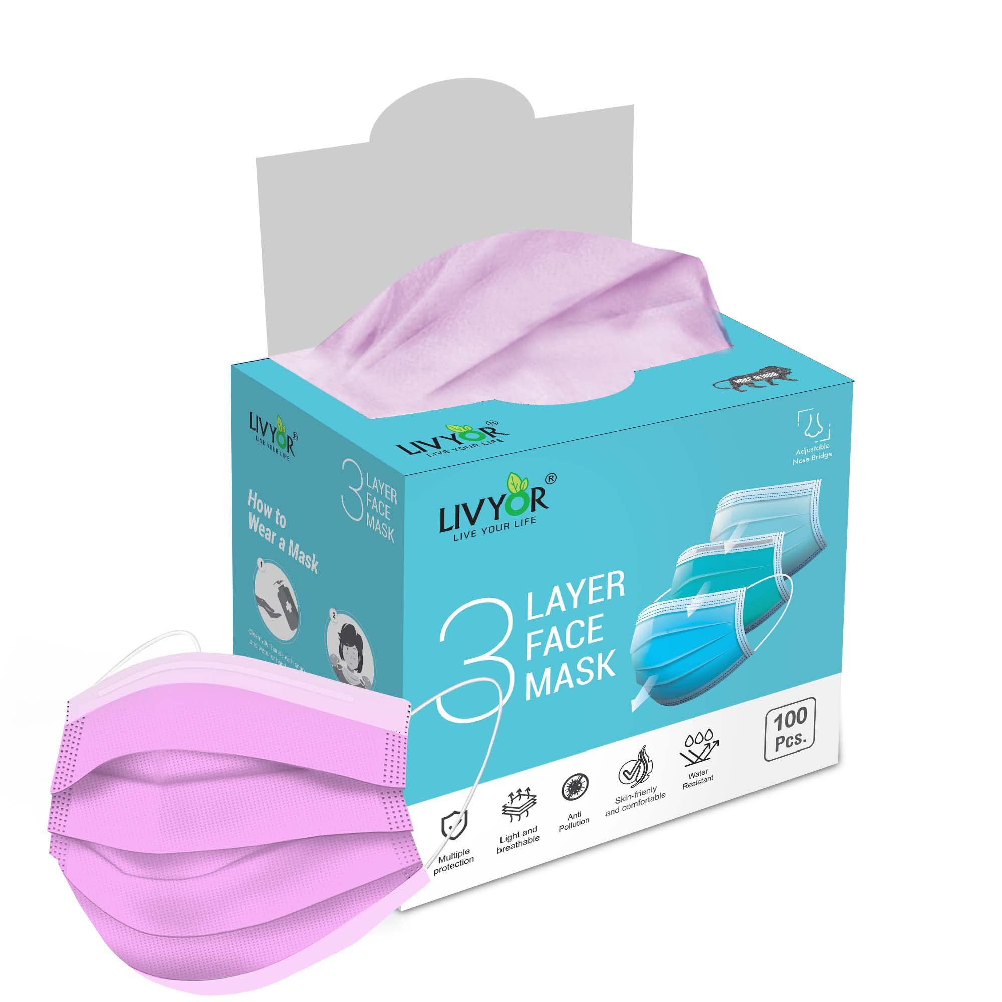LIVYOR Non-Woven Fabric Disposable 3 Layer Surgical Face Mask With Nose Clip and Soft Ear Loops for Unisex