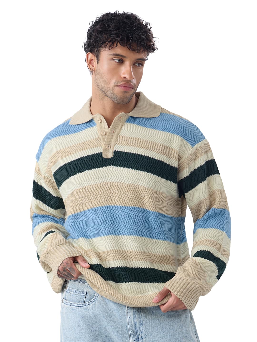 the souled store Textured Pullover: Seaside Men and Boys Long Sleeves Polo Collar Striped Textured Acrylic Lightweight Casual Oversized Fit Pullover Sweater-picture-45