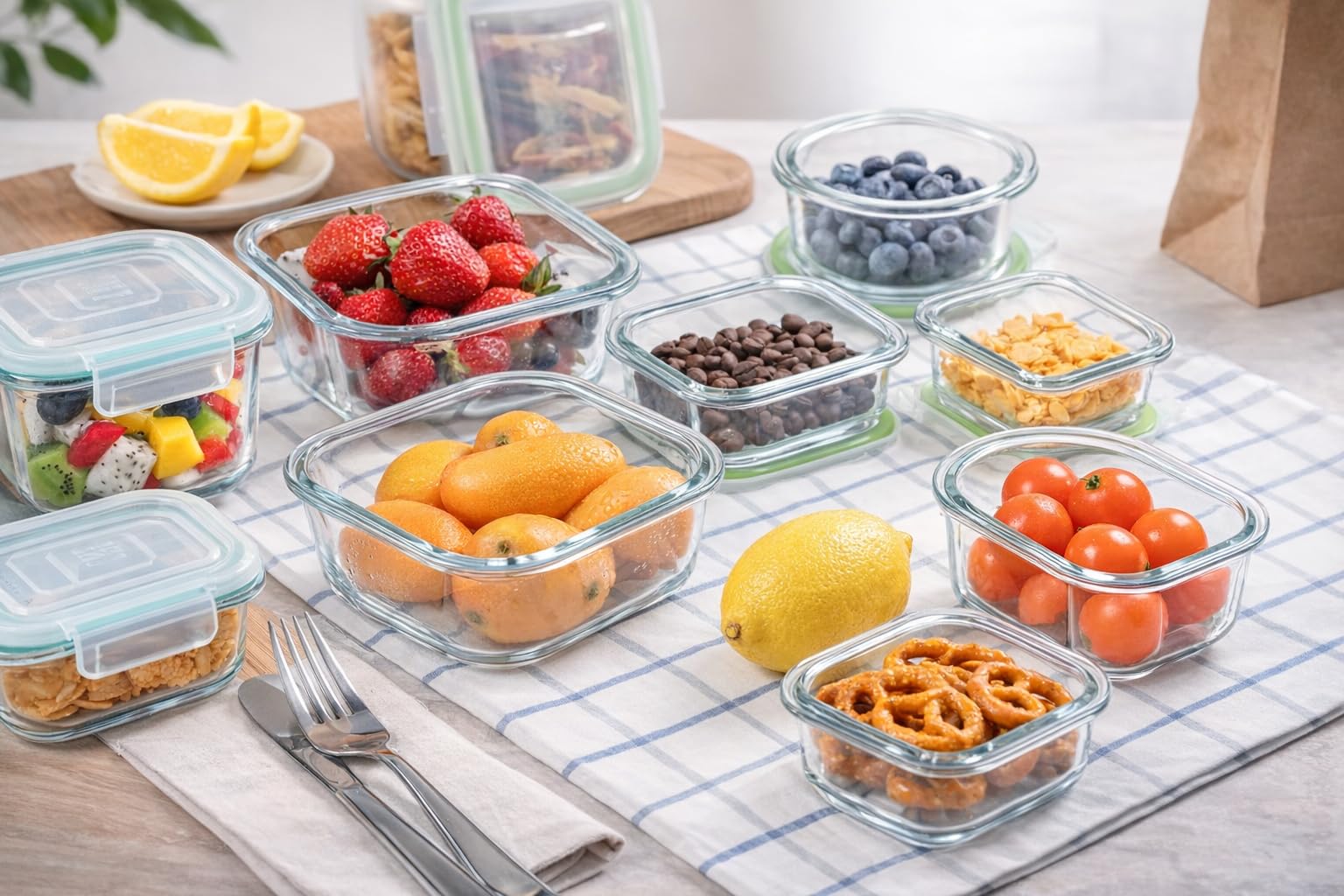 Recipientes de vidrio para almacenamiento de alimentos con tapas, paquete de 4 recipientes cuadrados herméticos a prueba de fugas, lonchera de vidrio apta para microondas para nevera y cocina