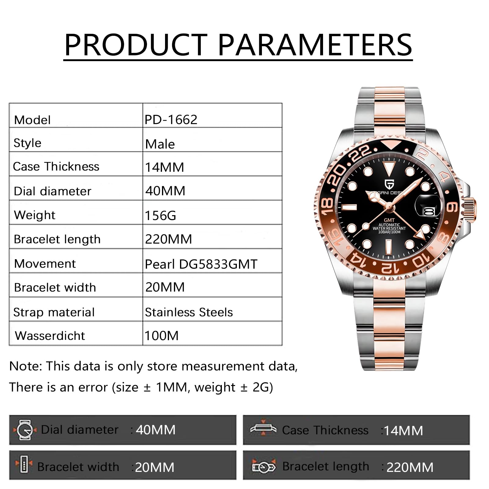 BY BENYAR Pagani Design Men GMT Automatic Watches-Fashion Stainless Steel Mechanical Watch-Sapphire Glass Lens Watch Men (Gold 3)