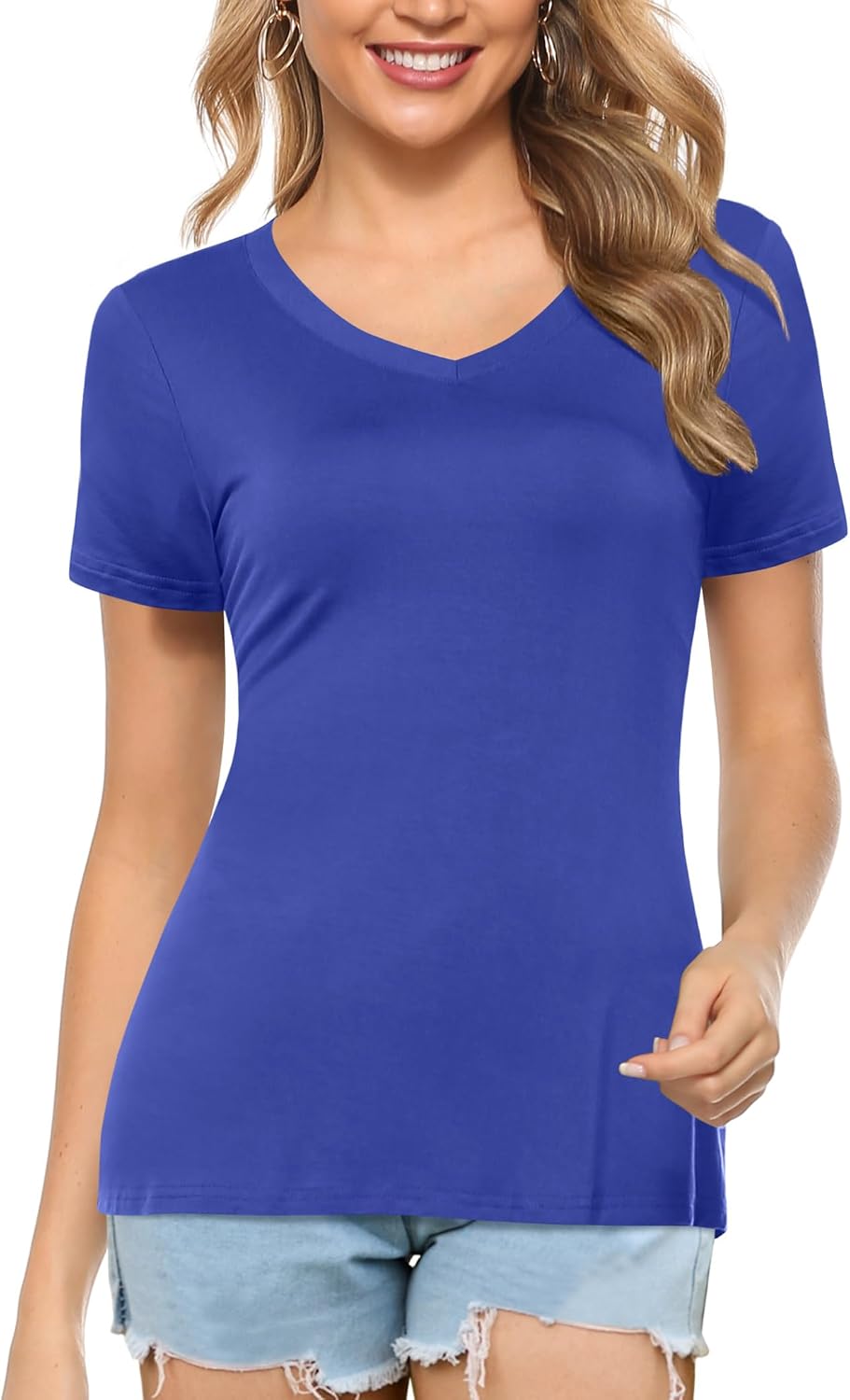 Amoretu Womens Tshirts V Neck Short Sleeve Tops Tee Solid Color Blouse - Image 2