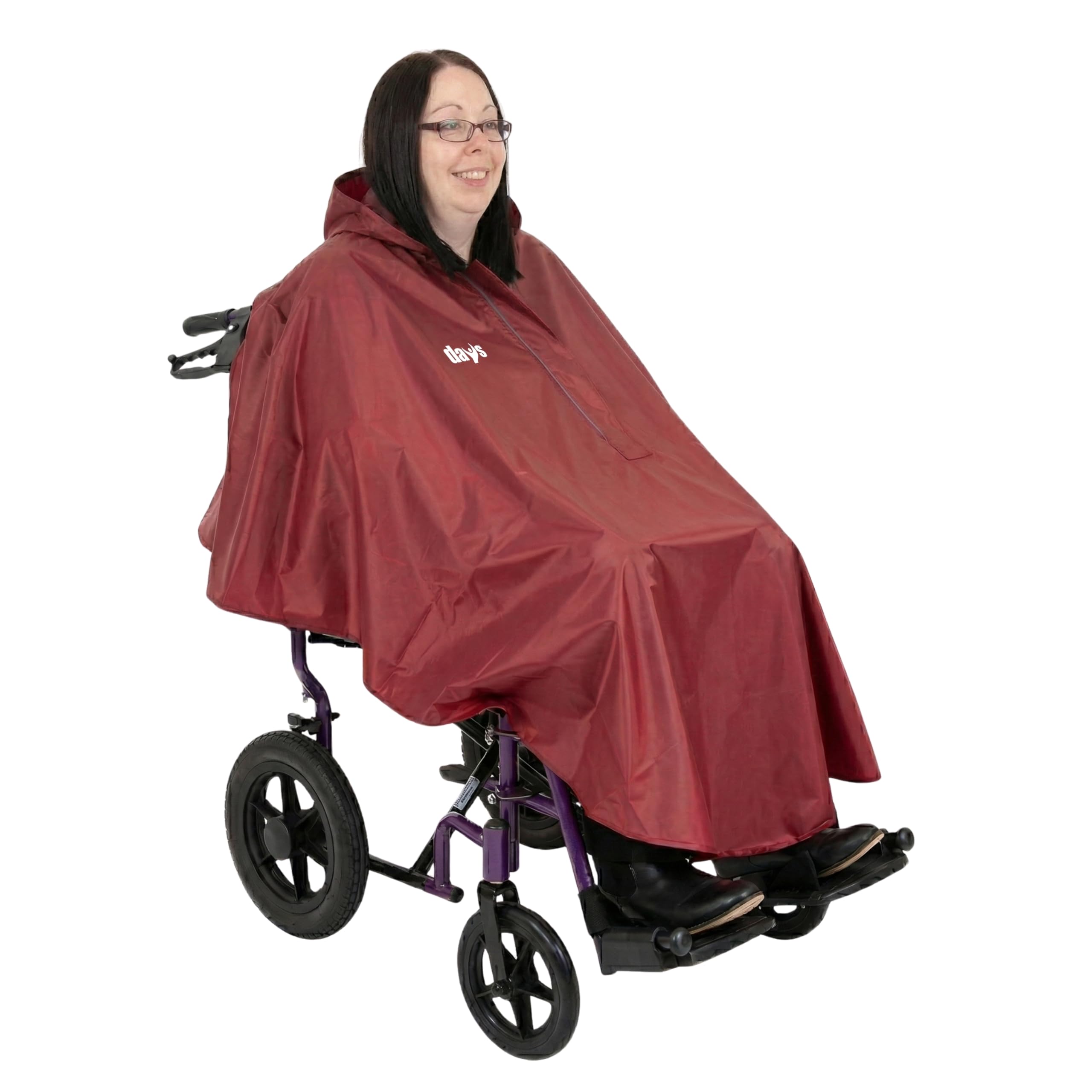 Days Wheelchair Poncho – Waterproof Rain Cover for Wheelchair Users, Full Body Protection with Hood, Zip Closure & Rear Vents – Lightweight, Easy-Fit Mobility Poncho – Burgundy, 133 x 100cm
