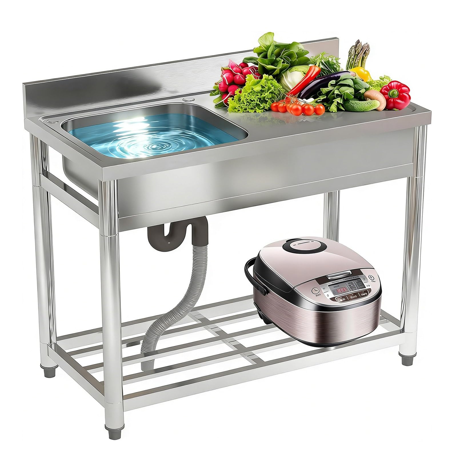 Évier Commercial autoportant en Acier Inoxydable avec Table de Travail et Robinet, Tuyau d'évacuation Universel pour Cuisine, Garage, buanderie, extérieur