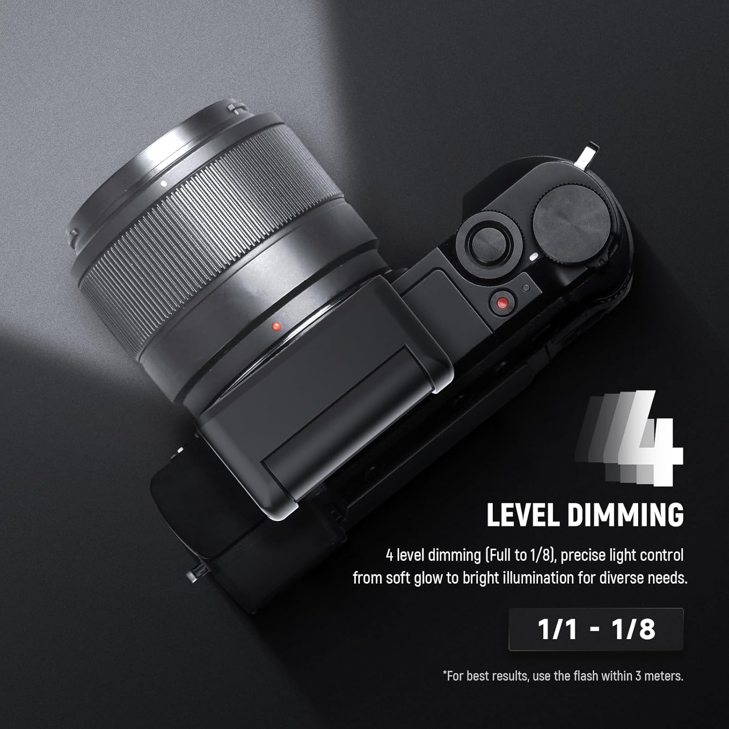 The NEEWER BASICS Mini Camera Flash A10L showing its 4 dimming levels for flash intensity, ranging from 1/1 to 1/8, for precise light control.