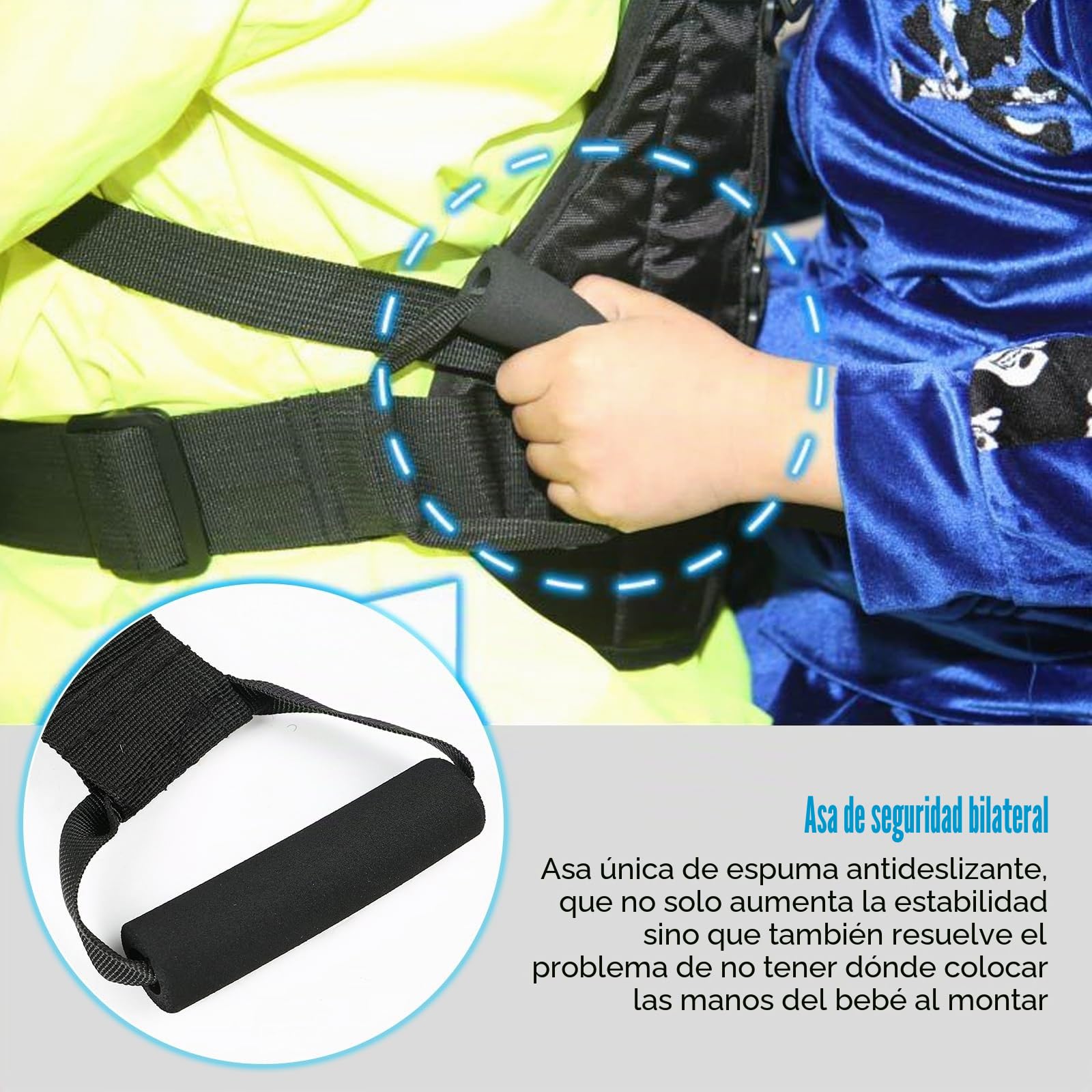 Cinturón de seguridad para motocicleta para niños con dos asas, correa ajustable para motocicleta para niños con 3 materiales reflectantes, protección contra caídas para bebés adecuado para niños
