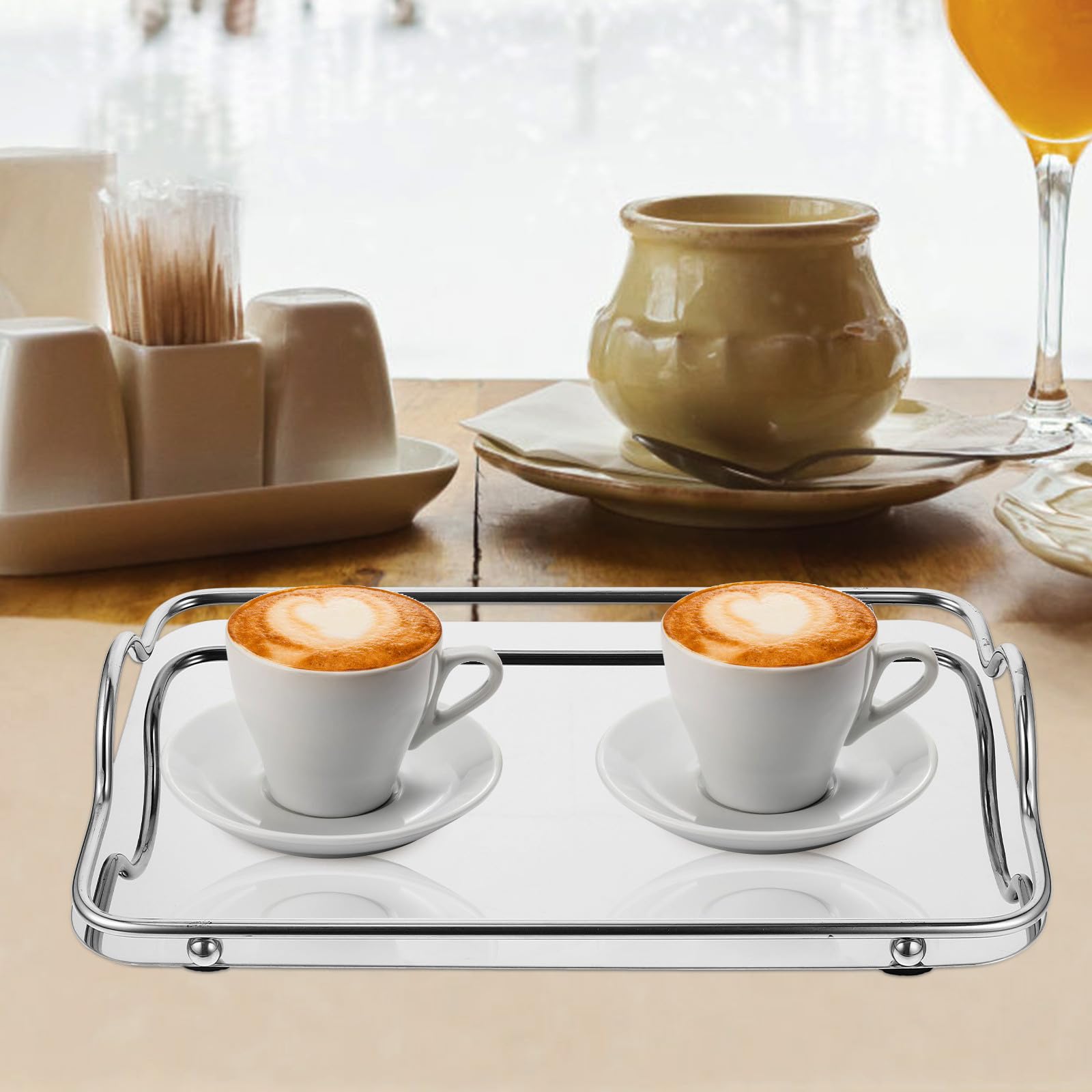 Bandeja de café de acero inoxidable brillante con asas, diseño rectangular portátil para sala de estar y uso diario en el hogar, ideal para entretener y servir a los invitados