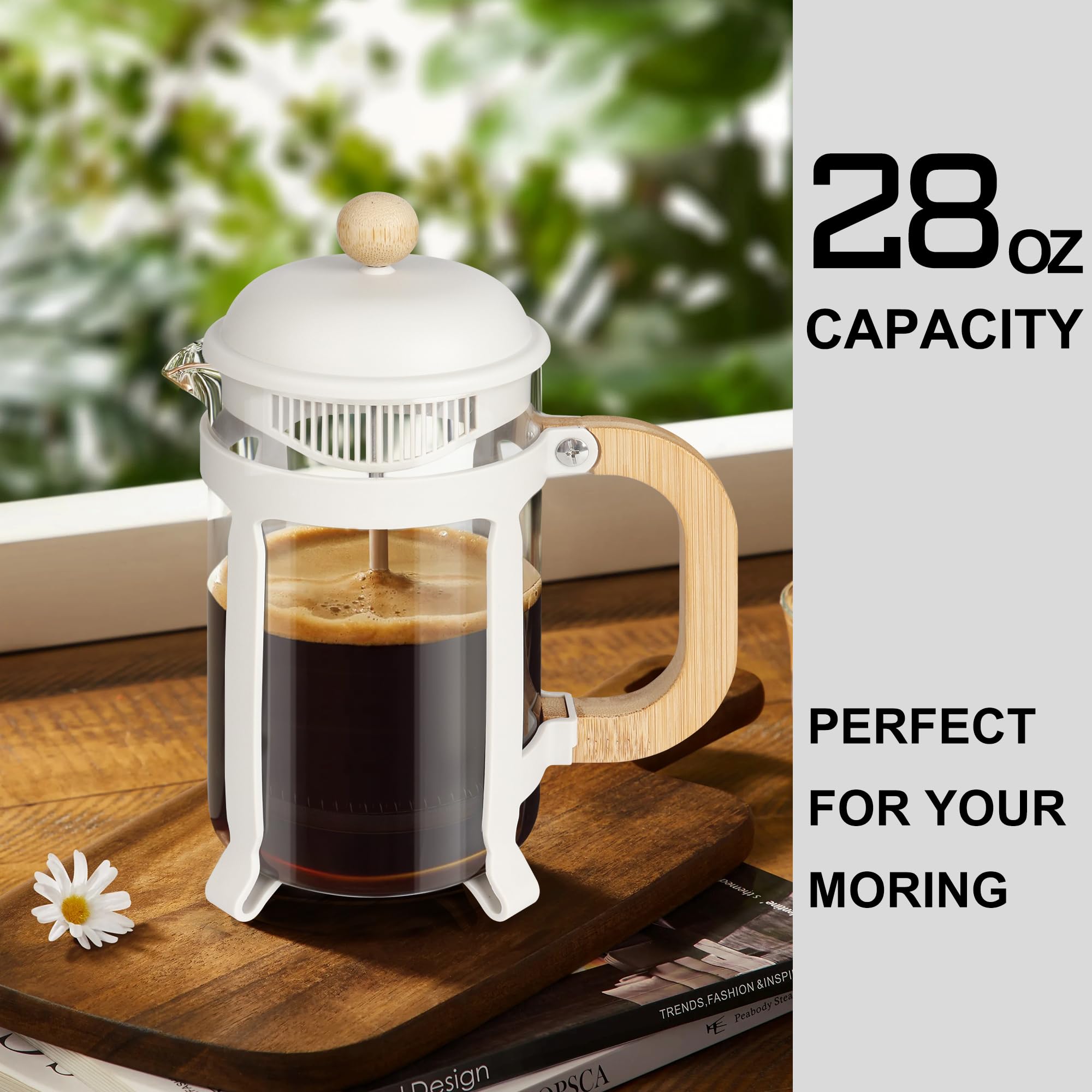 French Press Coffee Maker Tea Maker (28 oz) 304 Stainless-Steel Glass Coffee Press (White)
