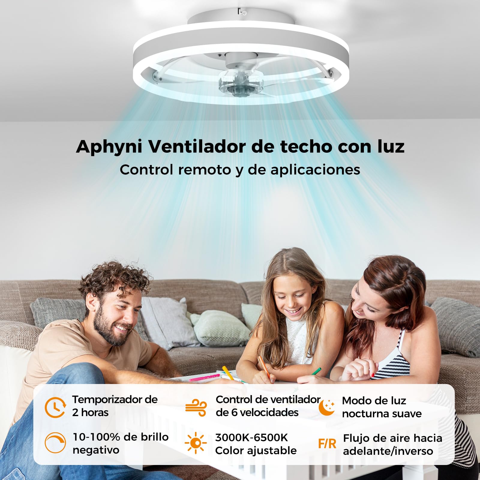 50cm Ventilador de Techo con Luz,Control Remoto y APP, 3 Temperaturas de Color, 6 Velocidades, Silencioso, Rotación Inversa,Ideal para Cocina, Sala, Dormitorio
