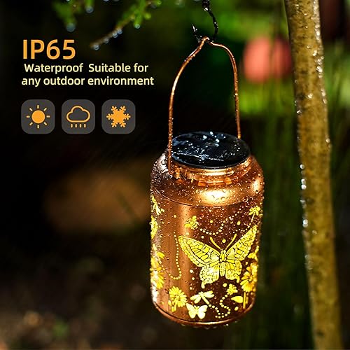 Miniatura 4 de WACLSTDAY Faroles solares colgantes para exteriores, luces solares decorativas de mariposa, farol cuadrado de metal, impermeable, luz LED decorativa