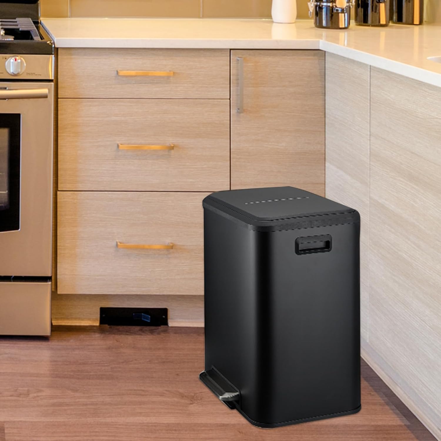 Dual Rectangular Compartment Trash Can, Recycling Trash Can with Lid and Soft Step-On for Bathroom and Kitchen, 2 x 4 Gal (2 x 15L), Black