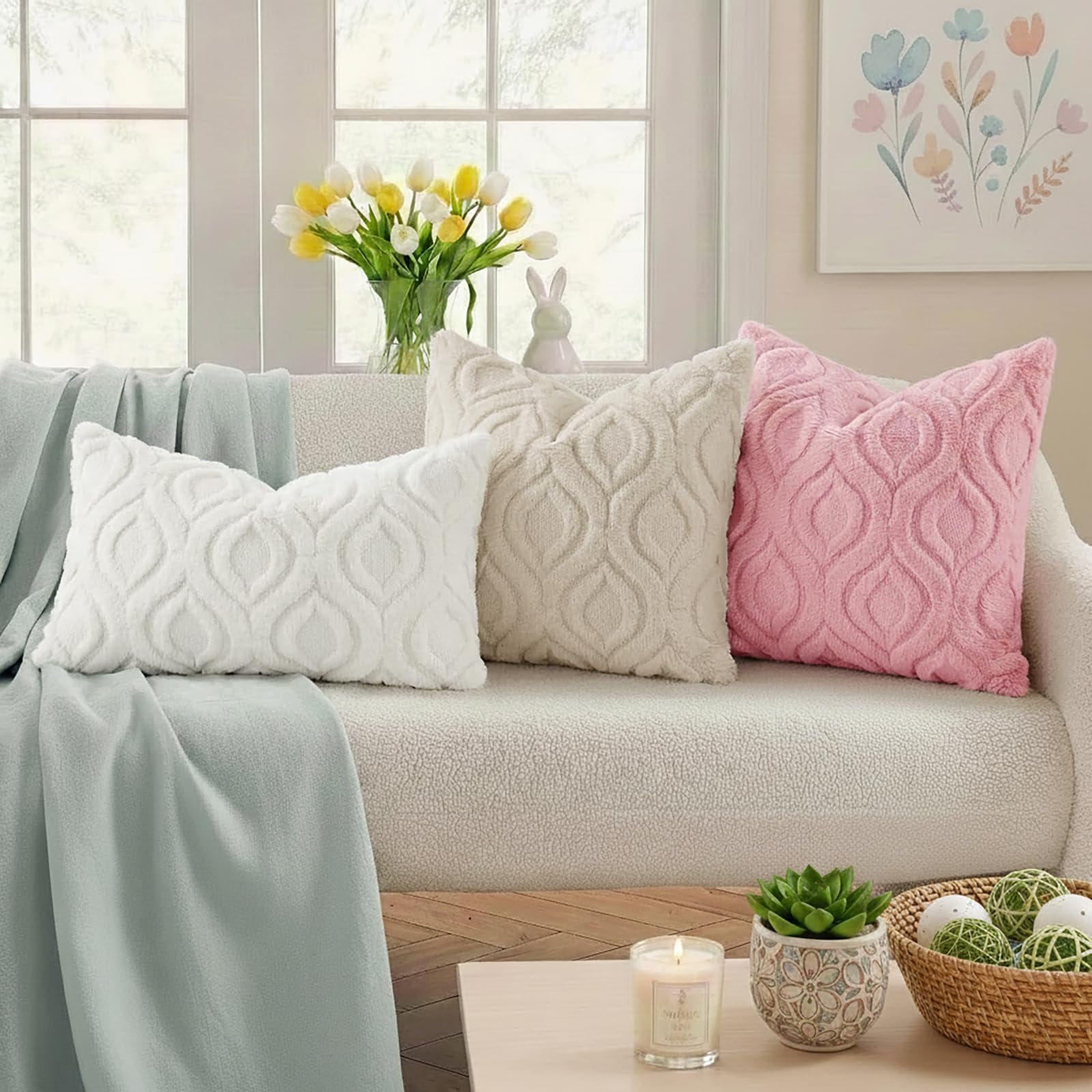 decorUhome Set of 2 Faux Fur Cushion Covers 55x55 cm, Decorative Soft Plush Fluffy Velvet Cushion Cover 22X22 Inch, Square Boho Neutral Pillow case for Sofa, Beige