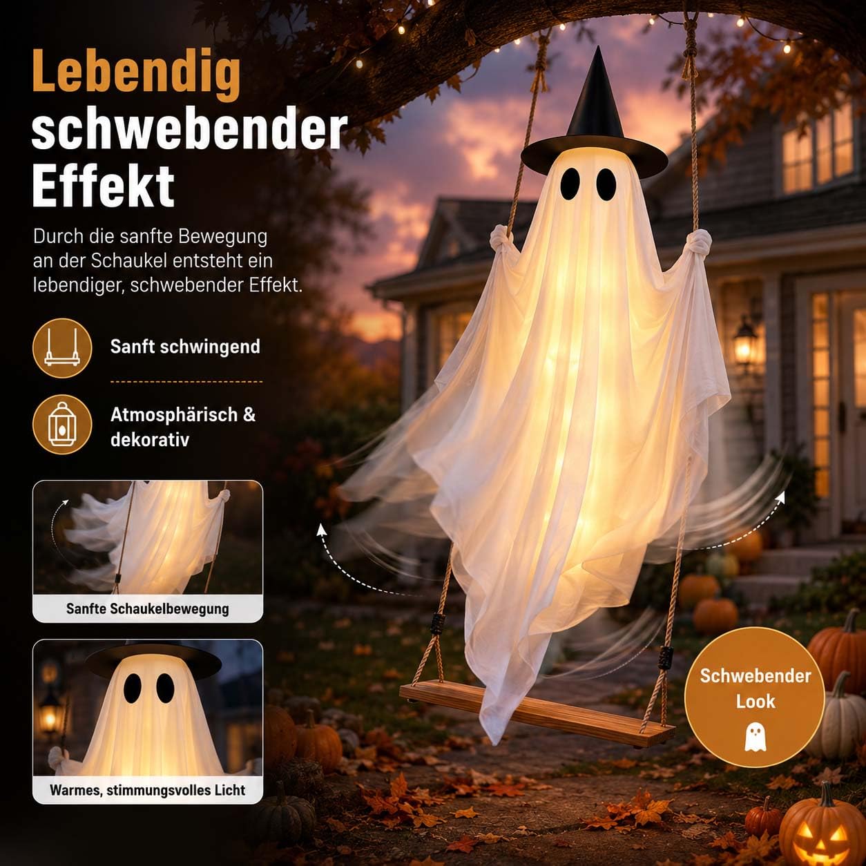 Swinging Ghost mit Fernbedienung & Led, Halloween HäNgender Schaukelgeist, Leuchtende Geist mit Holzschaukel, füR Garten, Hof, Veranda, Feiertage (B-Leuchtend)