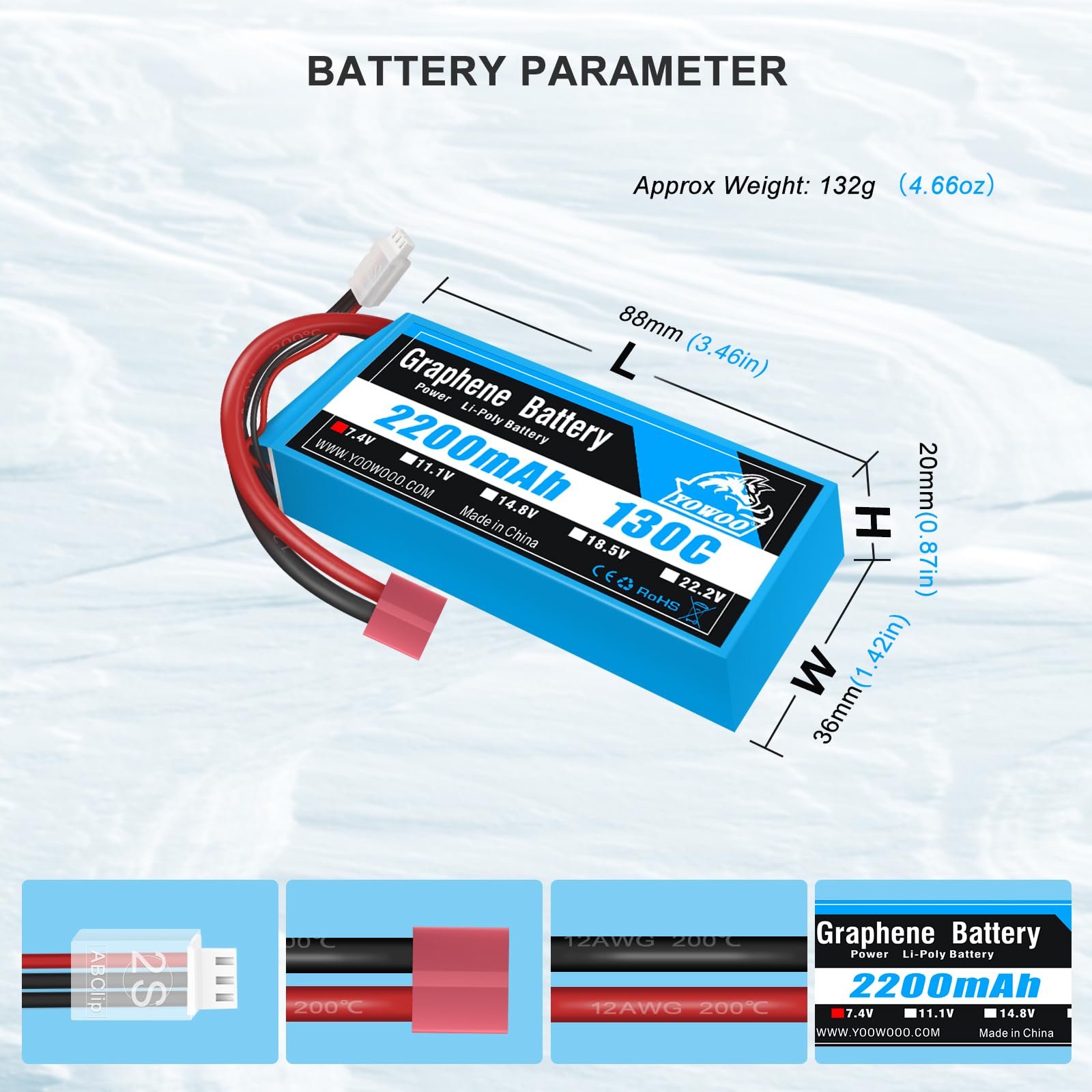 Yowoo - Confezione da 2 batterie Lipo 2S 7,4 V 2200 mAh 130C con spina Deans T ad alte prestazioni grafene Lipo per Traxxas 1 16 E Revo VXL Slash Summit Losi Mini 8ight e altre auto RC