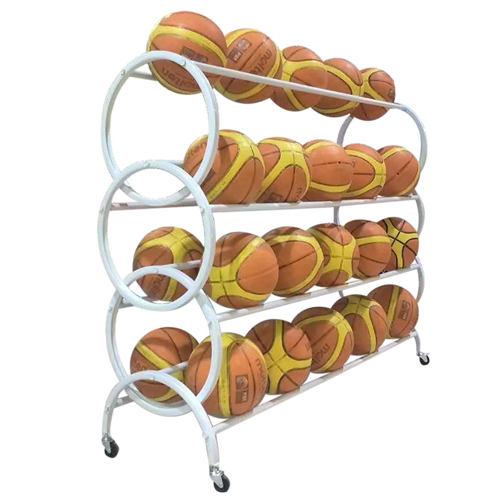 Carrello di stoccaggio per palloni sportivi con ruote di bloccaggio, rack di stoccaggio per attrezzature da calcio da basket a doppia faccia a 4 livelli di grande capacità, può contenere 42 palloni