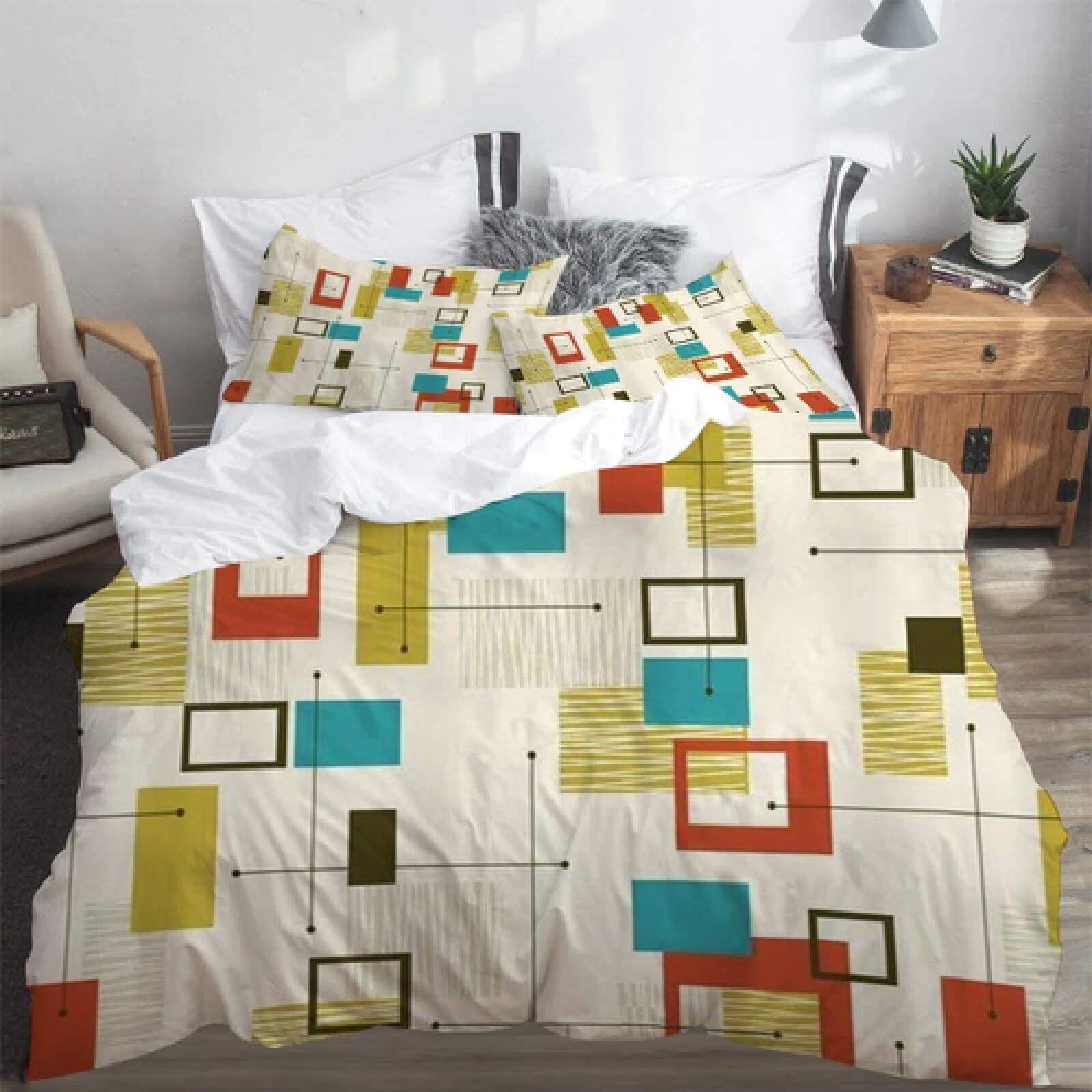 Duvet Cover Full Size, Fun Geometric Mid Century Modern Kids Bedding Set Durable Microfiber Quilt Cover with Corner Ties of The Quilts for Kids Room Teen Bed Decor (No Comforter)