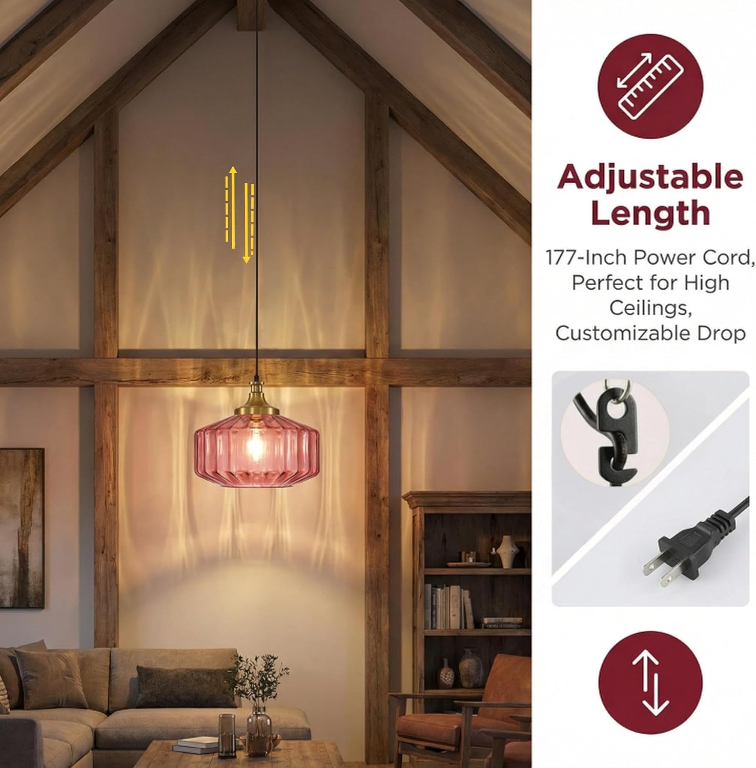 Purple Glass lampshade,Retro Style Pendant Chandelier with Plug-in Cord, a Hanging lamp Suitable for Bedroom, Living Room and Kitchen