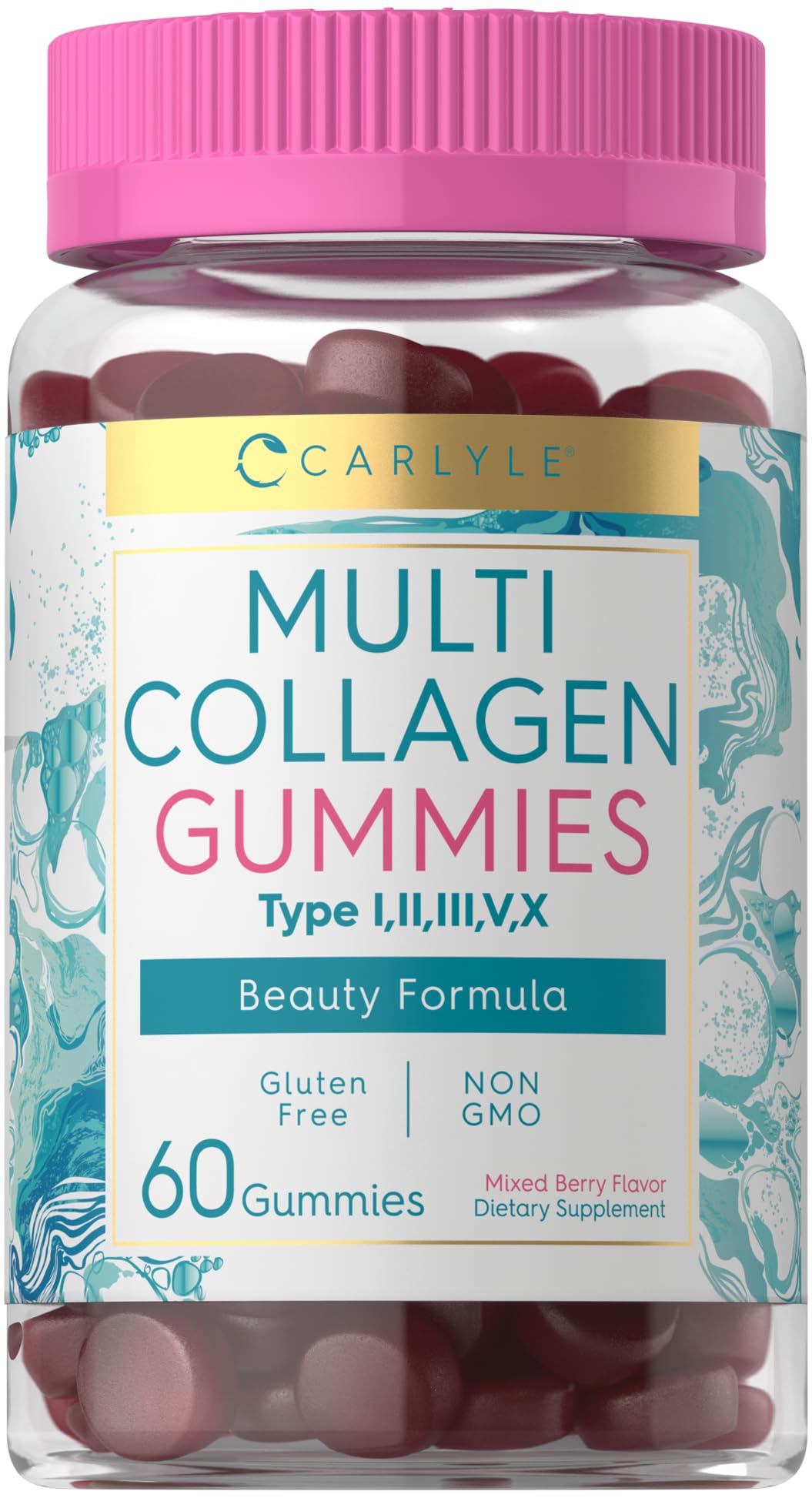 Carlyle Collagen Gummies 60 Count Multi Collagen Complex Beauty Formula Supplement Mixed Berry Flavor Non-GMO Gluten Free