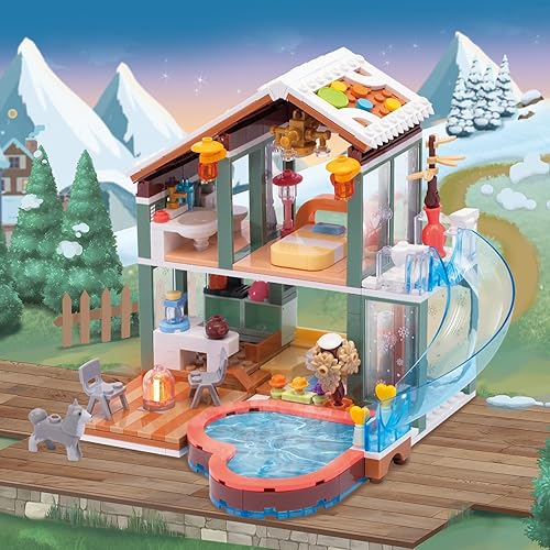 Miniatura 4 de Juego de bloques de construcción de juguete, 439 piezas de ladrillos de construcción de casas de vacaciones de aguas termales para niños, niñas y