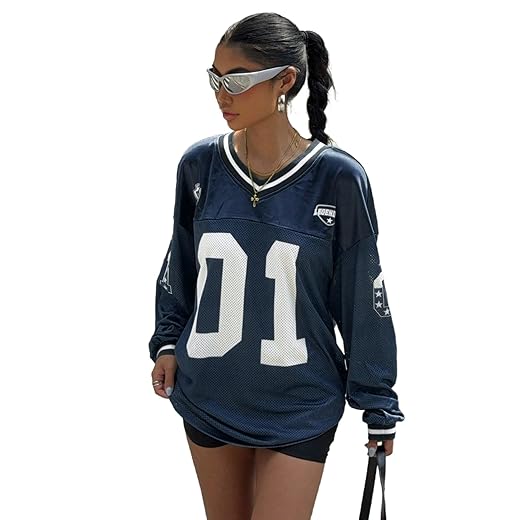 Floerns jersey shirts for women letter print mesh y2k top long sleeve soccer t-shirt