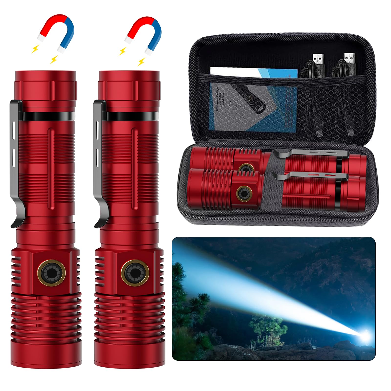Hoxida Small Tactical Flashlights High Lumens - 1500 Meters Long Beam Super Bright LED Magnetic Flashlight USB Rechargeable Zoomable 5Modes Long Beam