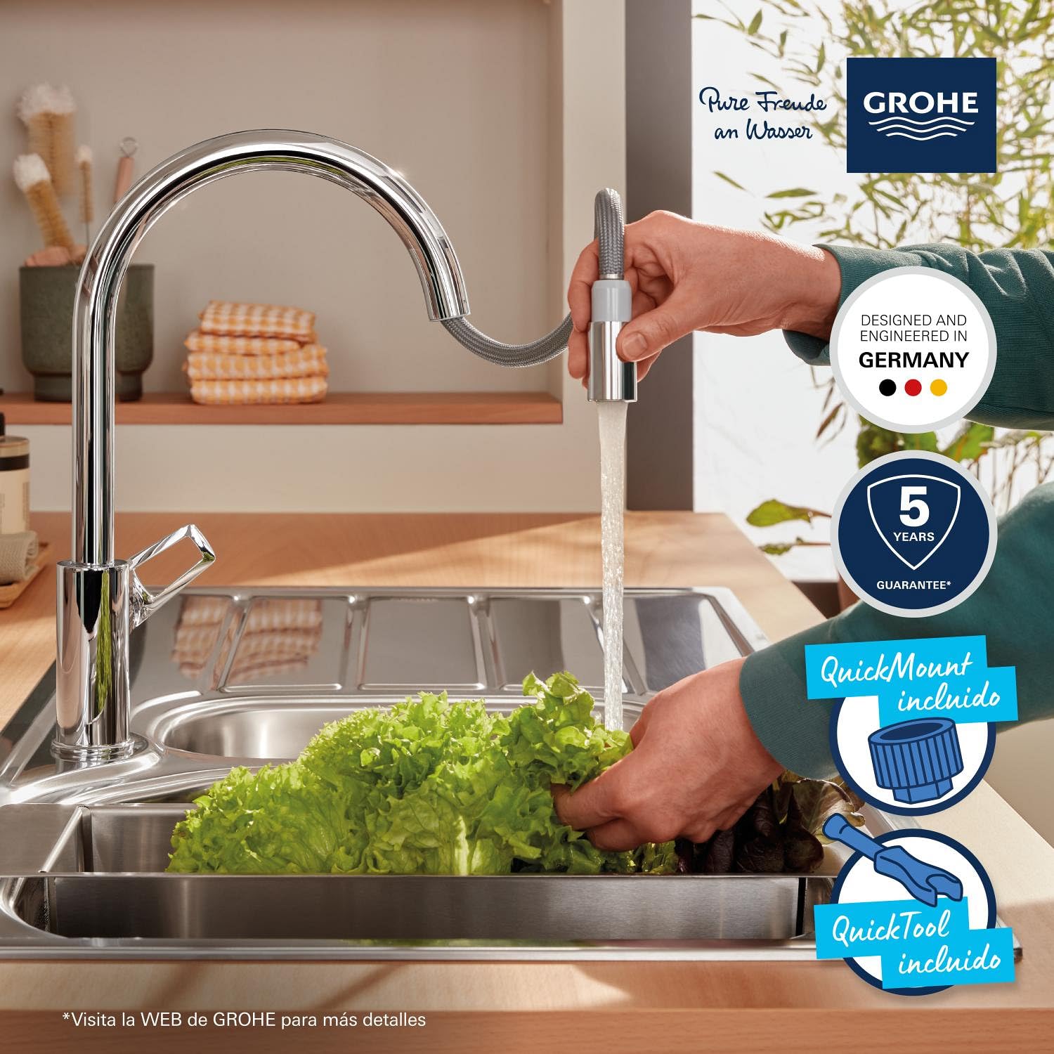 GROHE StartLoop - Grifo de cocina con ducha extraíble, caño giratorio 360°, ahorro de agua con limitador de caudal, montaje sin herramientas, cromo, 30556000