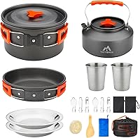 THTYBROS 17-Piece Camping Cookware Kit: 0.45Gal Pot, 7.5in Pan, 0.30Gal Kettle, Folding Stove & Utensils for Hiking Backpacking