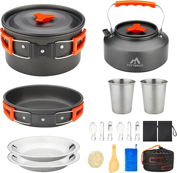 THTYBROS 17pcs Camping Cookware Kit, 0.45Gal Pot, 7inches Pan,0.30Gal Kettle Set with 2 Set Stainless Steel Cups Plates Forks Knives Spoons for Hiking