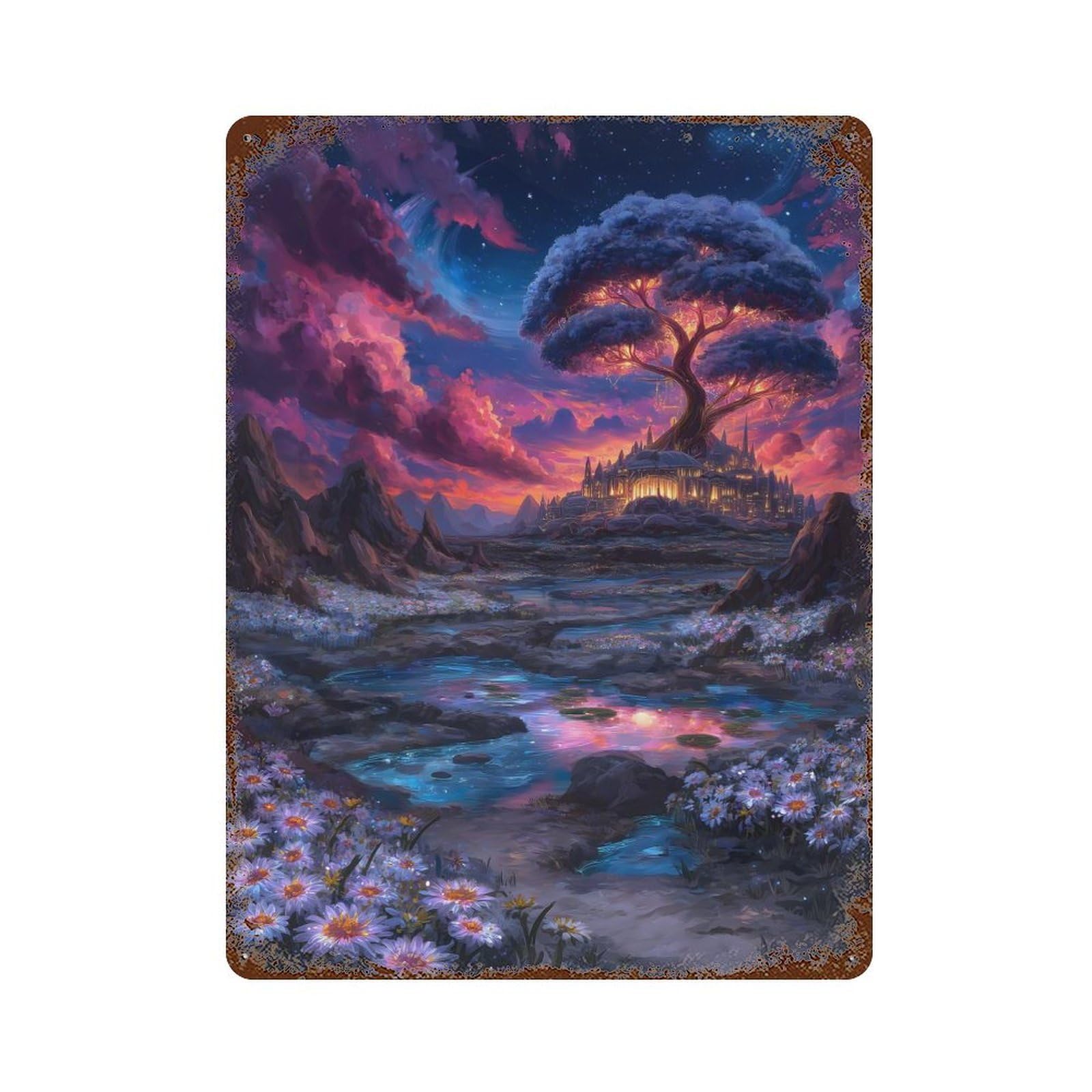 Aged Metal Wall Plaque with Fantasy Landscape with Tree And Castle Design 15.7"x11.8", for Cafe, Home Bar And Lounge Decor, Novelty Wall Decor