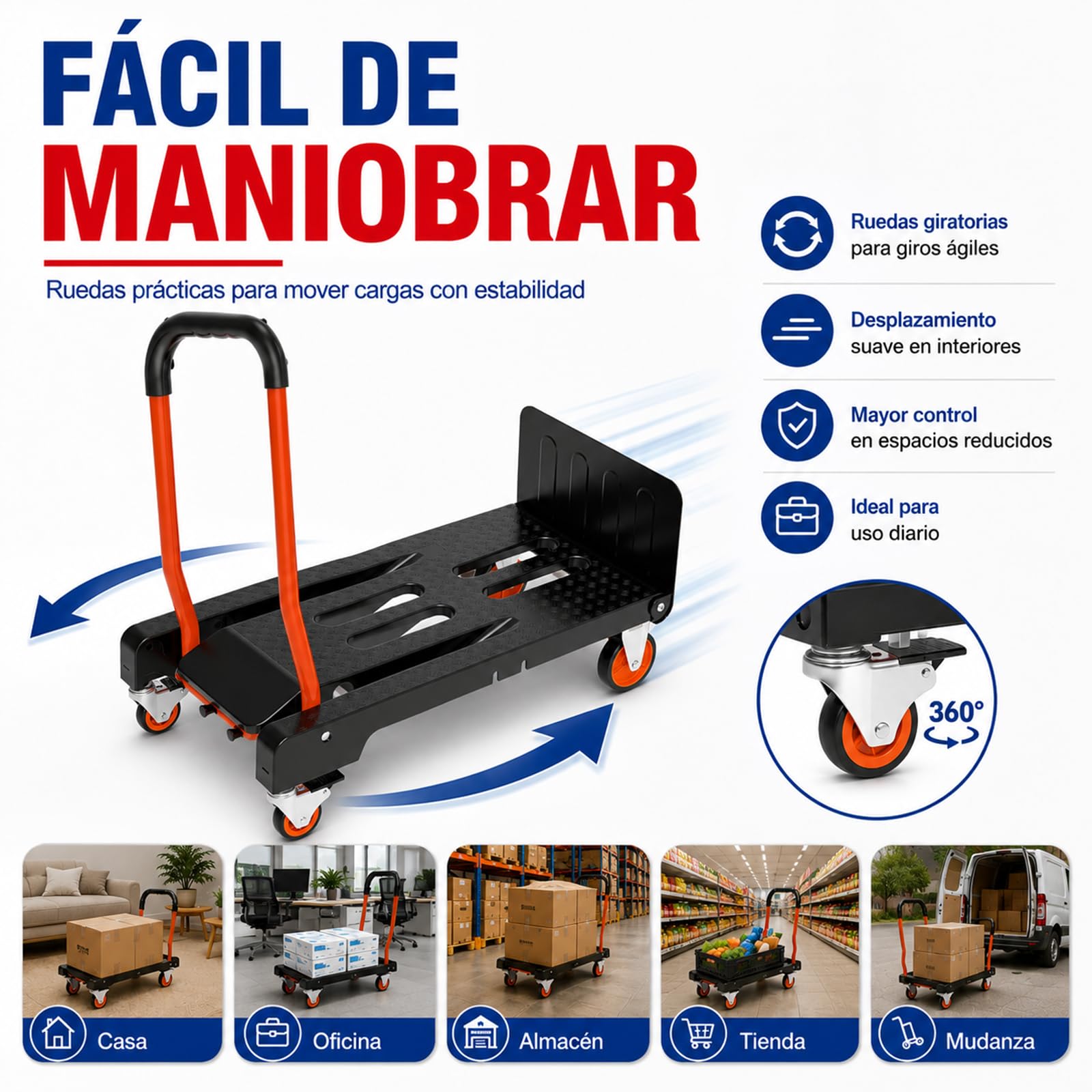 2 en 1 Carretilla de Mano Plegable Carga de 150 kg Carro de Mano de Alta Resistencia con Ruedas Mango Telescópico para Transporte Doméstico, Mercancías de Almacén Supermercado