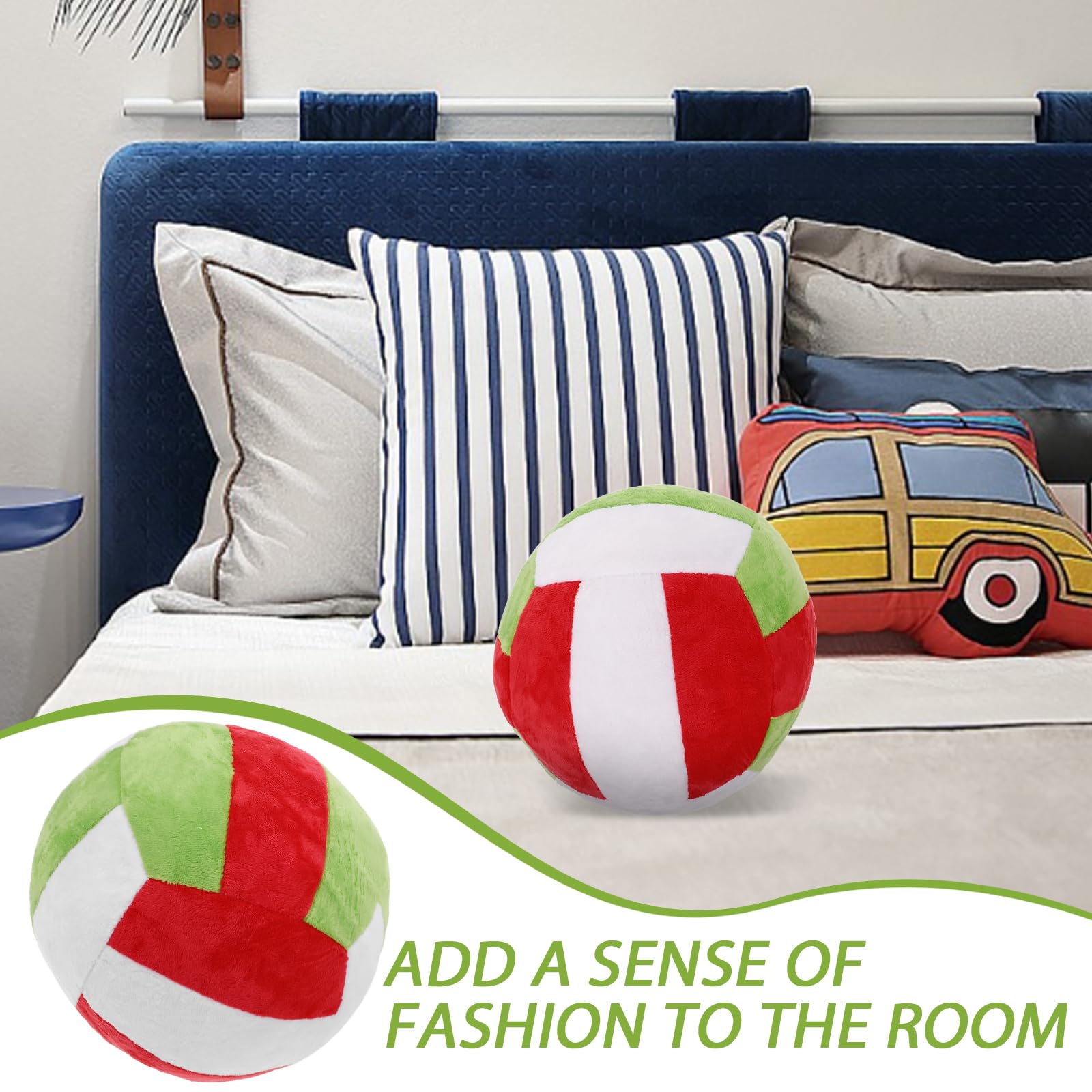 LUOZZY Plush Volleyball Cartoon Volleyball Shaped Pillow High Realism Volleyball Shaped Throw Pillow for Home Office Sofa Decoration - Green & White & Red