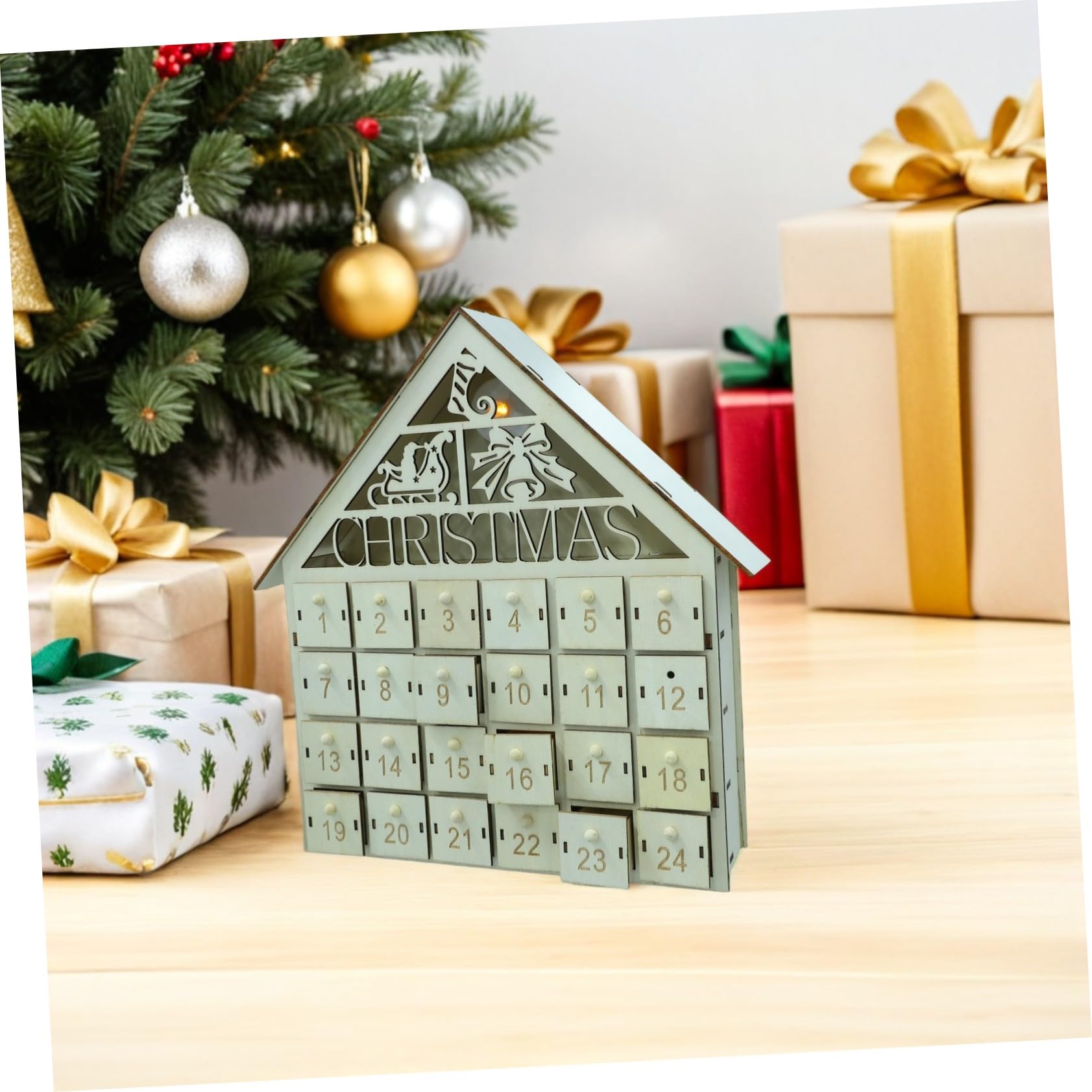 PRETYZOOM Calendario Dell'avvento Natale Legno Giorni Casa in Legno Illuminata Calendario Dell'avvento Compilabile Decorazioni per Villaggio Natalizio Dell'avvento Natale LED