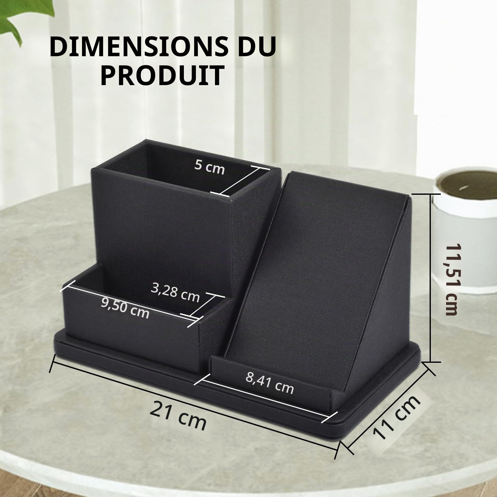 Organiseur de bureau en cuir multifonction avec support pour téléphone portable, télécommande, porte-stylos et porte-cartes de visite