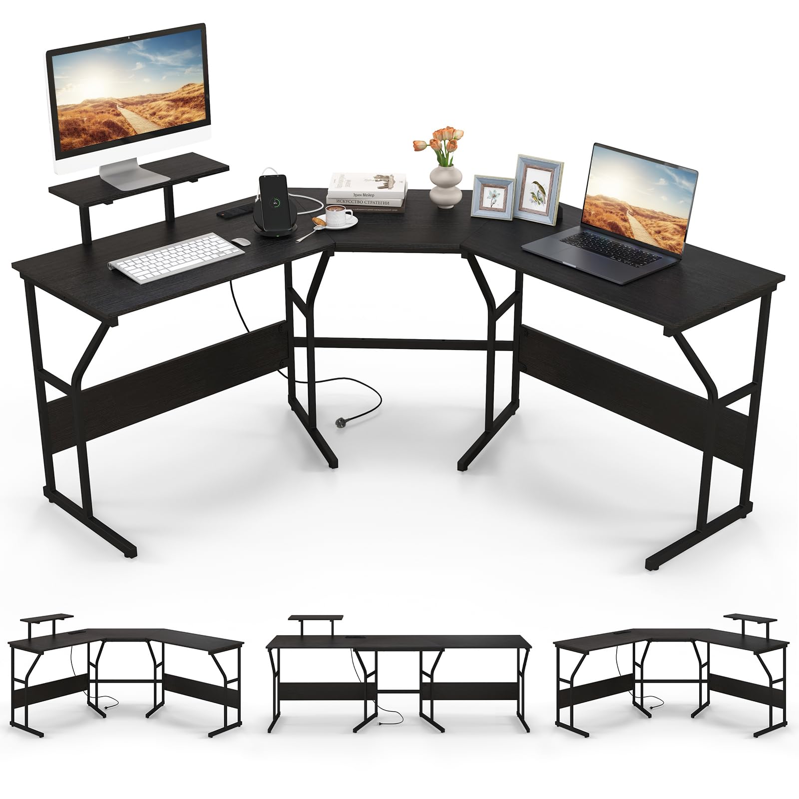 COSTWAY L-Shaped Computer Desk, 225cm Convertible Double Study Writing Workstation with Movable Monitor Stand, Corner Home Office Desk PC Laptop Gaming Table for 2 Person (Black) — image 1