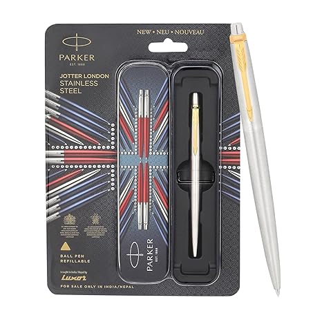 Parker Jotter Ball Pen | Stainless Steel Body with Gold Trim | Ink Color Blue | Premium Click Ballpoint Pen for Smooth Writing, Office, School, or Gifting