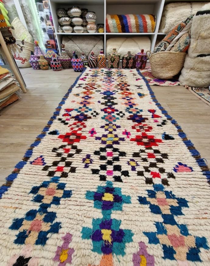 Générique Tifinagh Shop - Tapis Berbère Azilal Multicolore 290 x 98 cm - Authentique Tapis Marocain Fait Main en Laine - Motifs Traditionnels - Pièce Unique