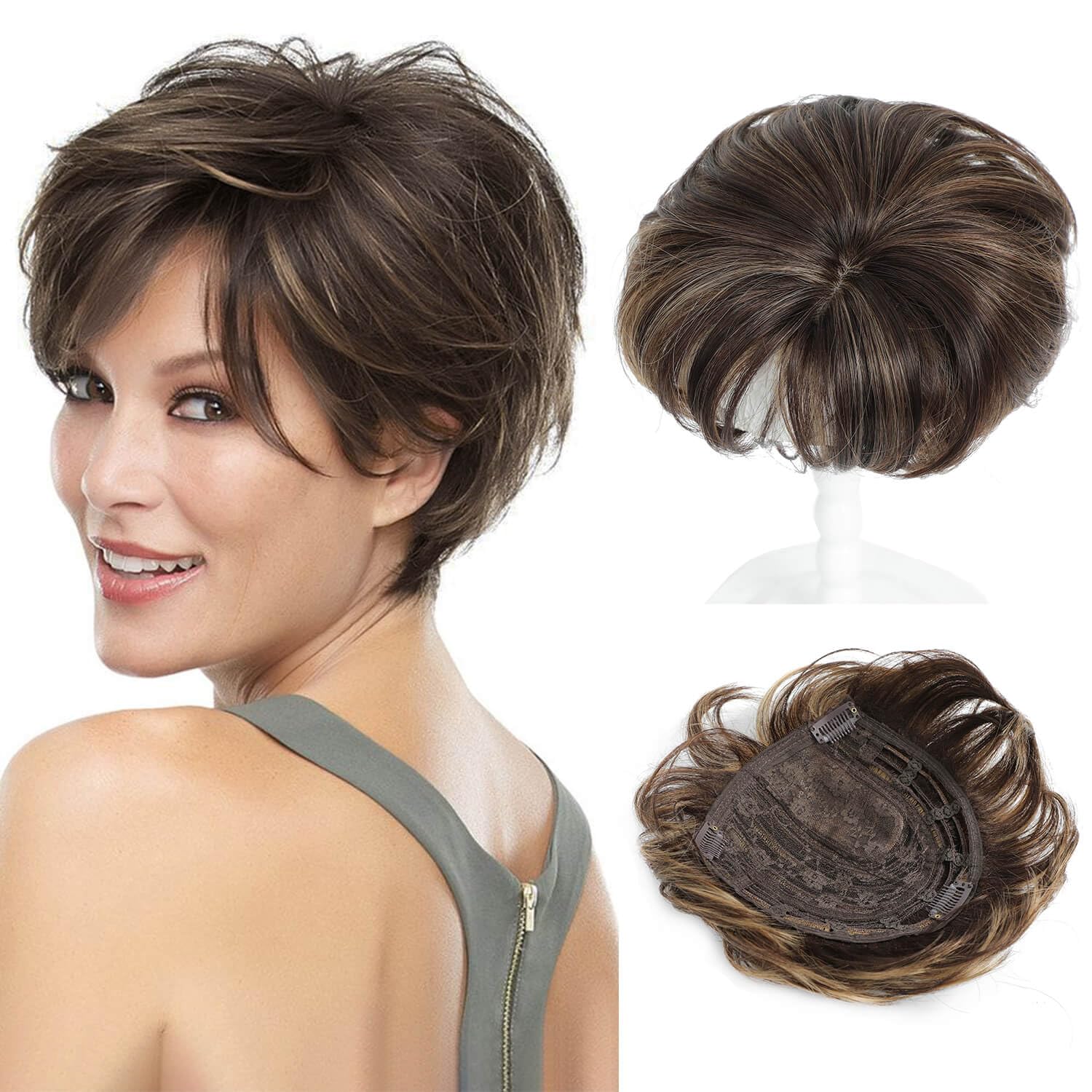 Fine Plus Hair Topper 6.8" x 7" Pixie Cut Short Hair Toppers for Women Fluffy Synthetic Hair Topper Clip in Top Wavy Hair Pieces Brown with highlights Replacement Wiglets