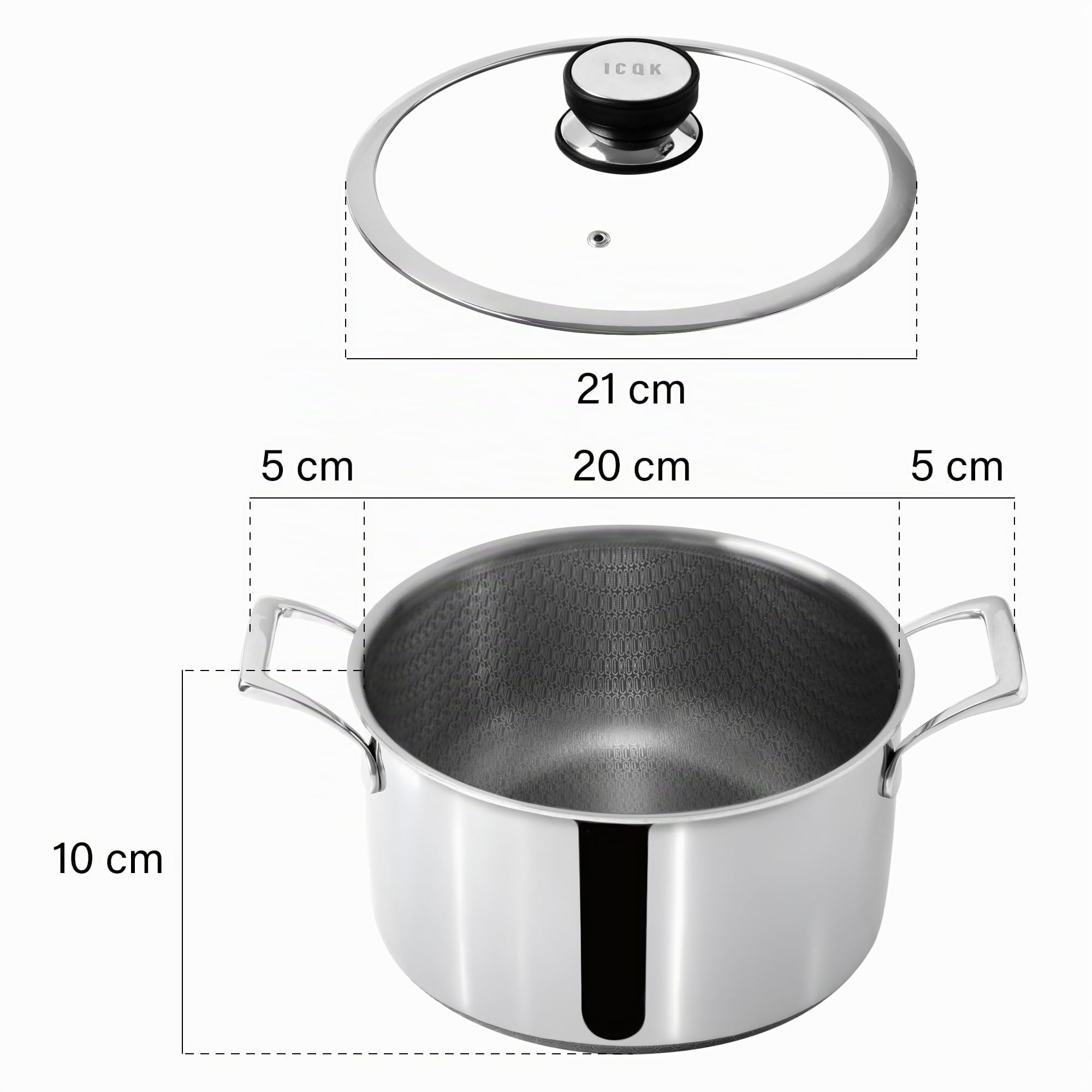 Pentola Antiaderente Triplo Strato (Acciaio Inox + Alluminio) Diametro Ø 20 cm, CON COPERCHIO, Antigraffio, NO PFOA, Per Piano Cottura Induzione, Ceramica, Elettrico, Gas, Forno