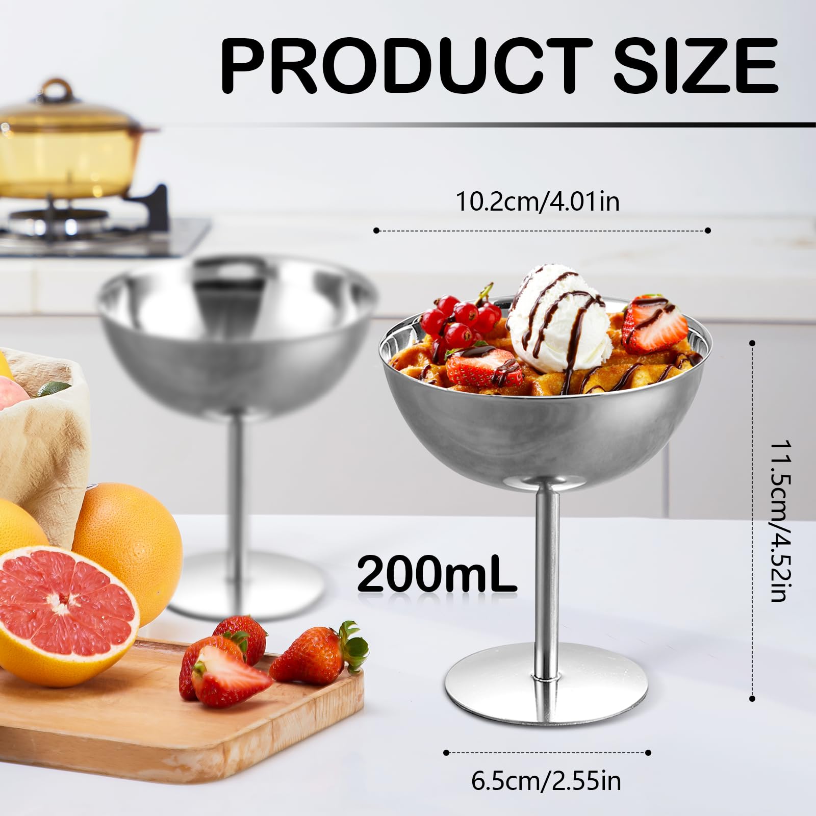 Copa de Helado, 4 Piezas Taza de Helado Tazón de Acero Inoxidable Copas de Ensalada Reutilizables Cuenco de Postre de 2O0 ml para Hacer Helados Frutas Pudín Postres (Alto)