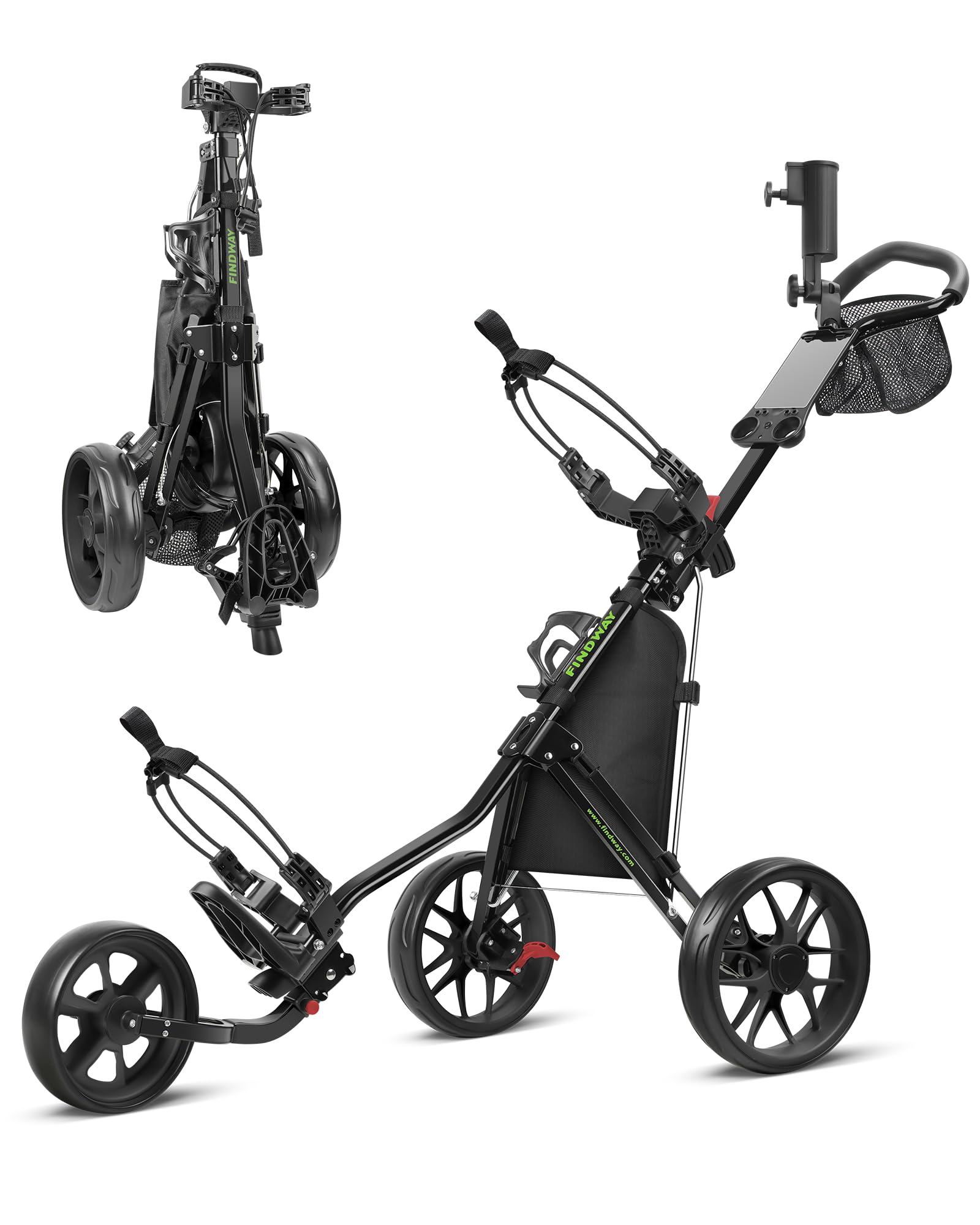 Findway Golf Trolley 3 Wheel, Folding Compact Golf Push Trolley, Lightweight Golf Push Cart with Foot Brake, Adjustable Handle, Mesh Bag, Storage Bag, Umbrella & Drink Holder