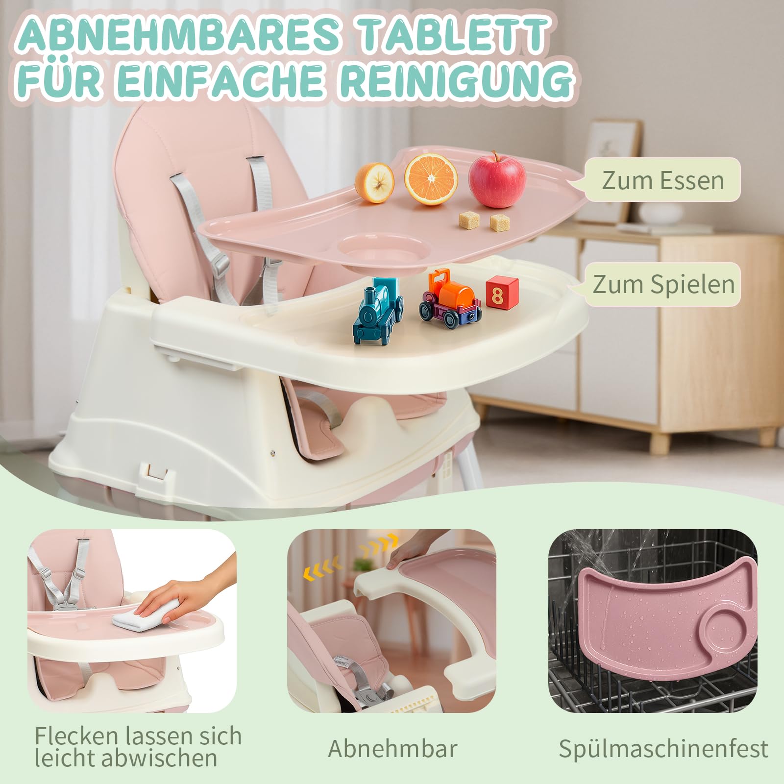 LEADZM 4 in 1 Babyhochstuhl, Umbaubar zum Laufrad und Lauflernwagen, Hochstuhl Baby mit Abnehmbares Doppeltablett und Universalrädern, Mitwachsend ab 0-36 Monate Babystuhl (Rosa)