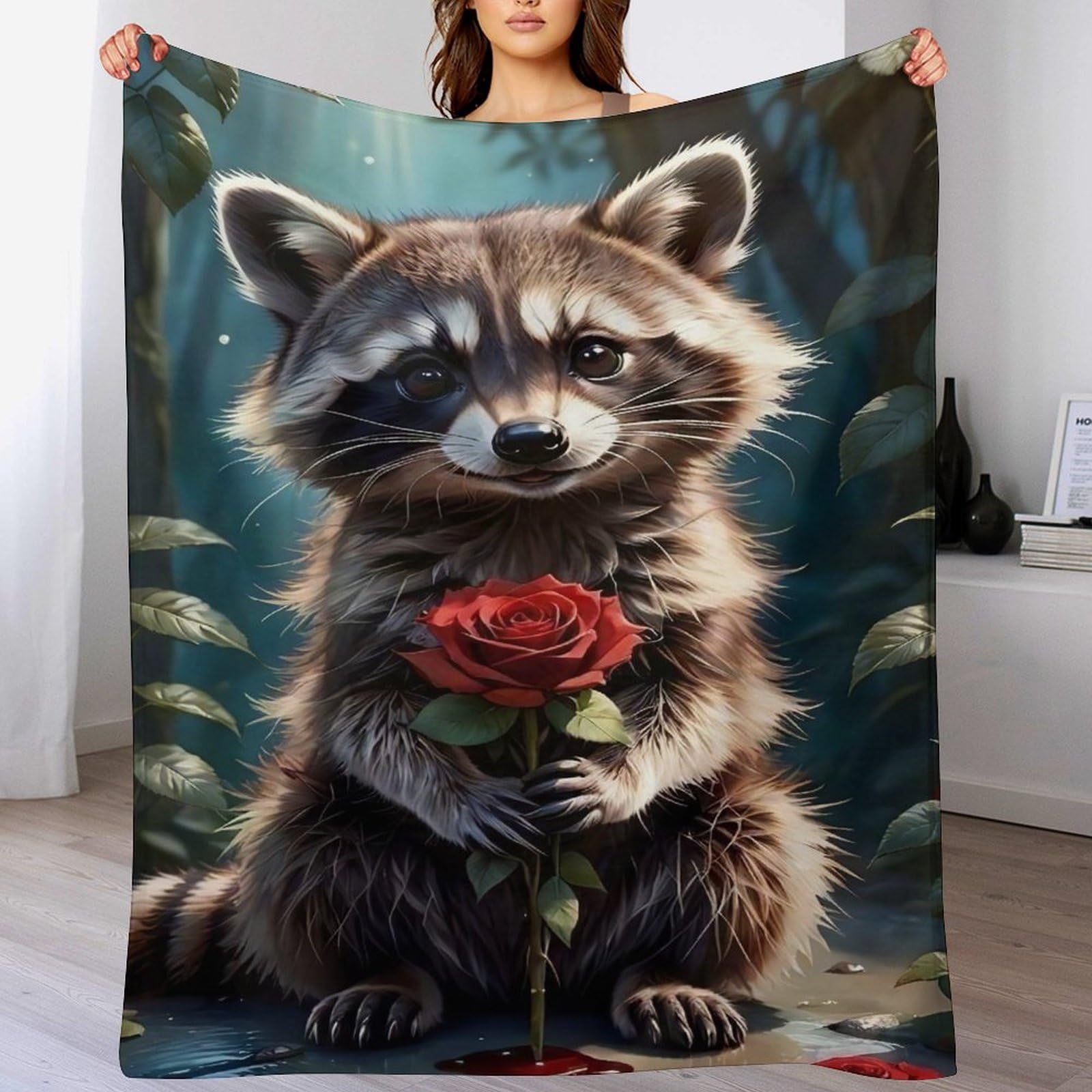 Couverture raton laveur chaude et moelleuse en polaire douce pour chambre