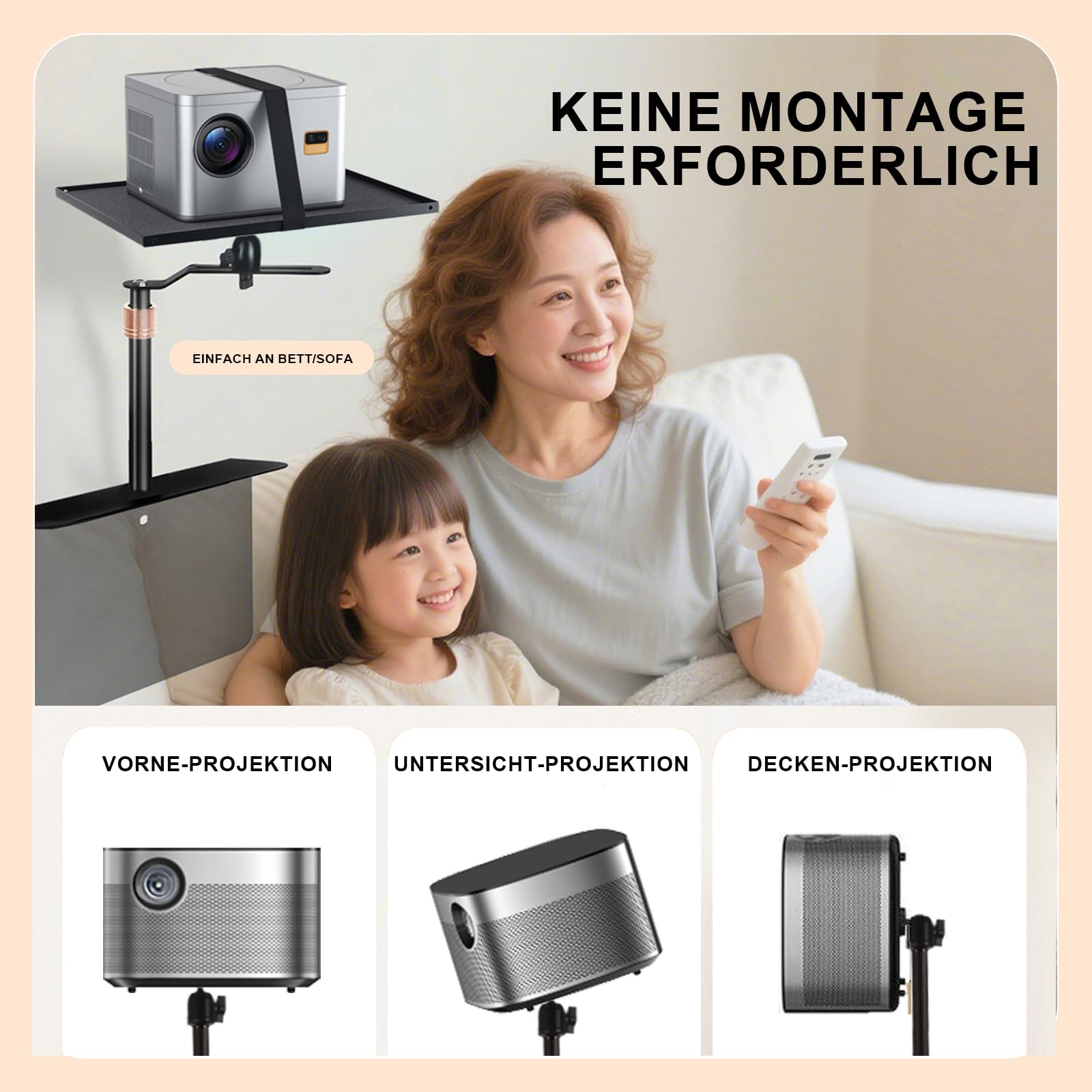 Projektorhalterung für Bett und Sofa, Verstellbare Ständerlänge 24-64 cm mit 360°Drehwinkel, Verstecktes Design Bed Sofa Beamer Halterung, Kompatibel mit 99% Projektoren, XGIMI, Nebula, VANKYO, Epson