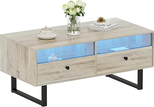 Miniatura 9 de Yusong Mesa de centro LED para sala de estar, mesa central con 2 cajones de vidrio de almacenamiento para noche de juegos, luces LED únicas de 16