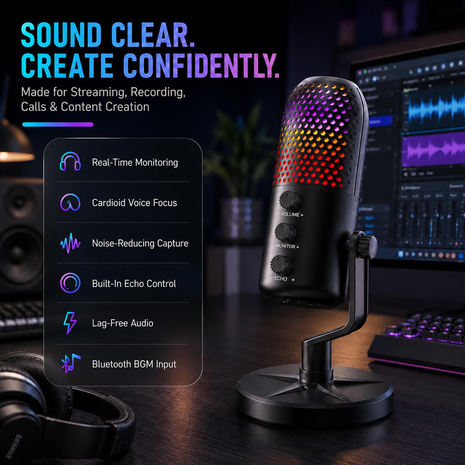 SINWE Micrófono para juegos con cancelación de ruido y control de ganancia, micrófono USB para PC, para streaming, juegos, podcasts, PC, PS4, incluye silencio rápido e iluminación RGB