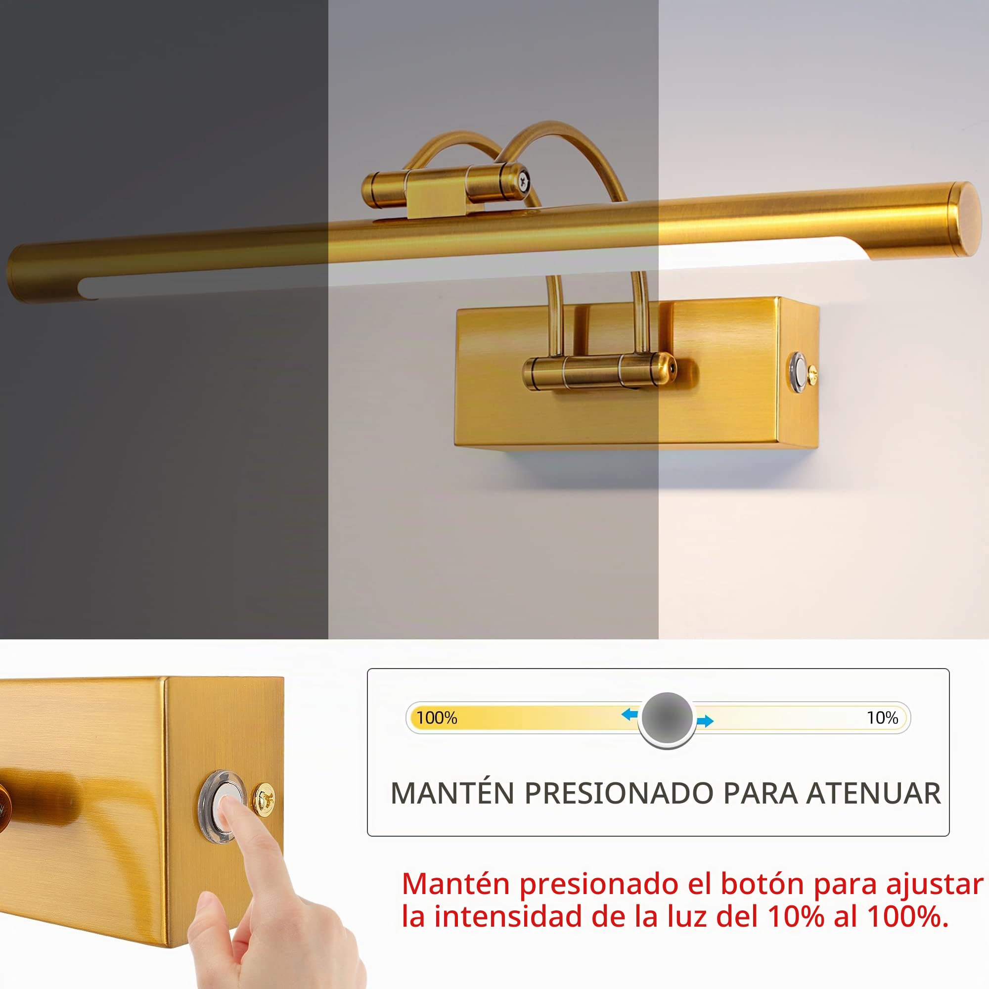 MantoLite LED Regulable Lámparas de Pared 10W,40CM Interior Iluminación para cuadros y expositores Cabeza Giratoria Lectura Lámpara,Latón Mate Baño Espejo Apliques de Pared 3000K/4000K/6000K