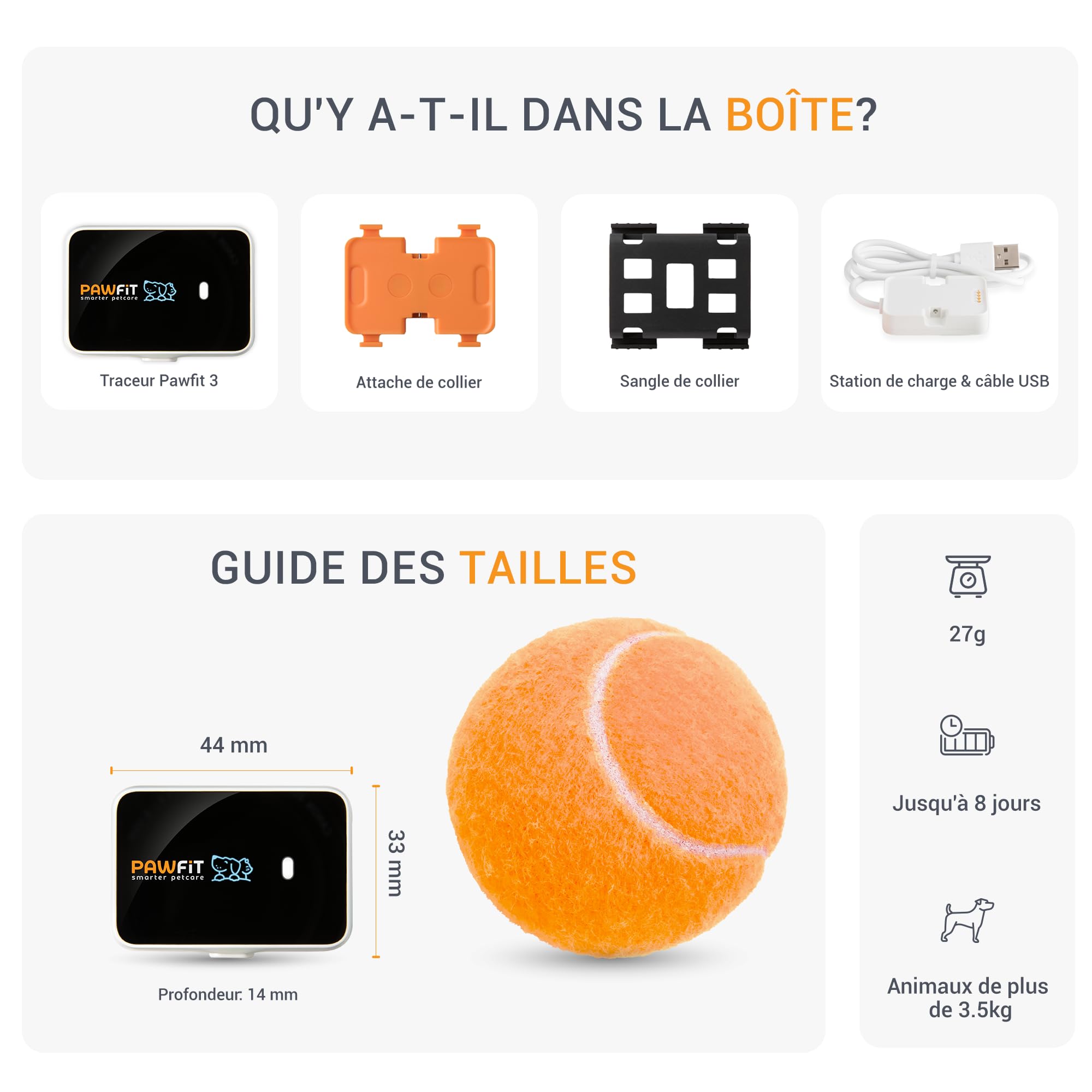 Pawfit 3 Traceur GPS pour Chiens avec Suivi en Direct, Alertes Intelligentes Multiples, Moniteur d'Activité Étanche pour Chats, Portée Illimitée, Rappel Vocal à Distance, Adaptable à Tous les Colliers