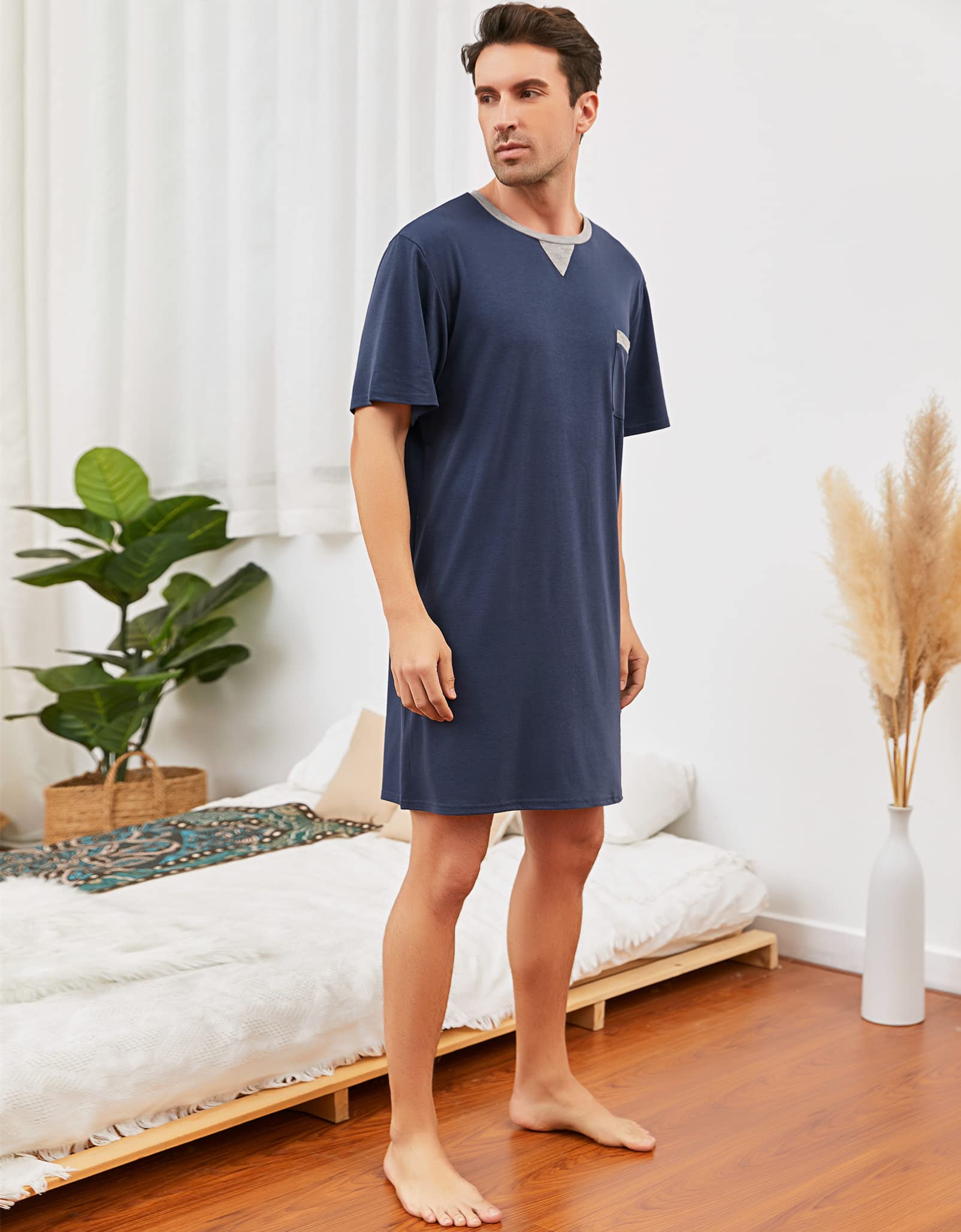 Chemise de Nuit Homme Coton Pyjama Manches Courtes Hauts de Pyjama Homme Tee-Shirt Long Col Rond avec Boutons Vêtements d'Intérieur T-Shirt Grande Taille Douce Confortable