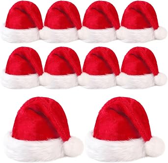 Jevrench Santa Hat 10-Pack, Double Layer Soft Velvet, Santa Hats Bulk for Adults, Thick Christmas Hats for Holiday Parties