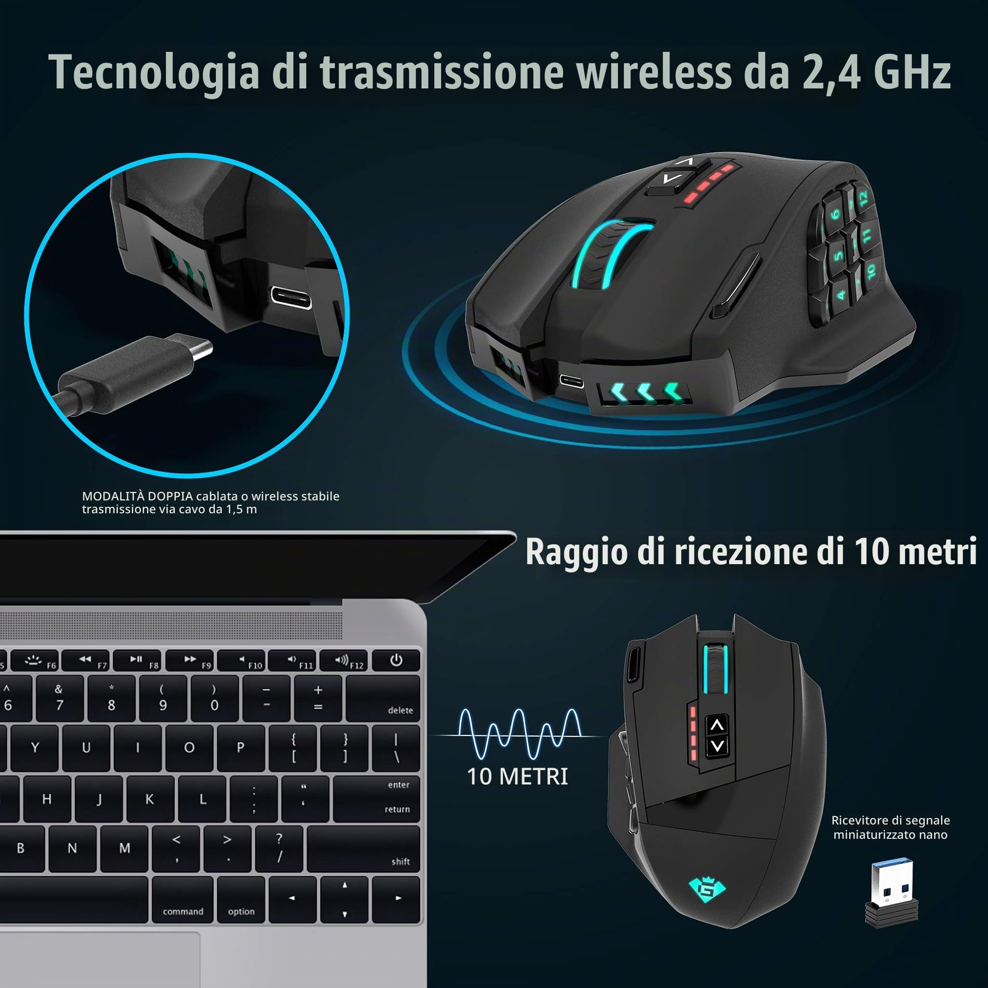 Mouse da gioco wireless senza lag Gamspeed V8 Pro RGB MMO, sensore ottico da 16.000 DPI, tecnologia di trasmissione a 2,4 GHz, design ergonomico , illuminazione Chroma RGB, 16 pulsanti programmabili